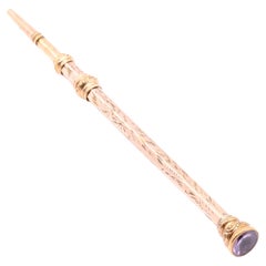 Antique 9K Yellow Gold Floral Engraved Propelling Pencil, with Amethyst Terminal