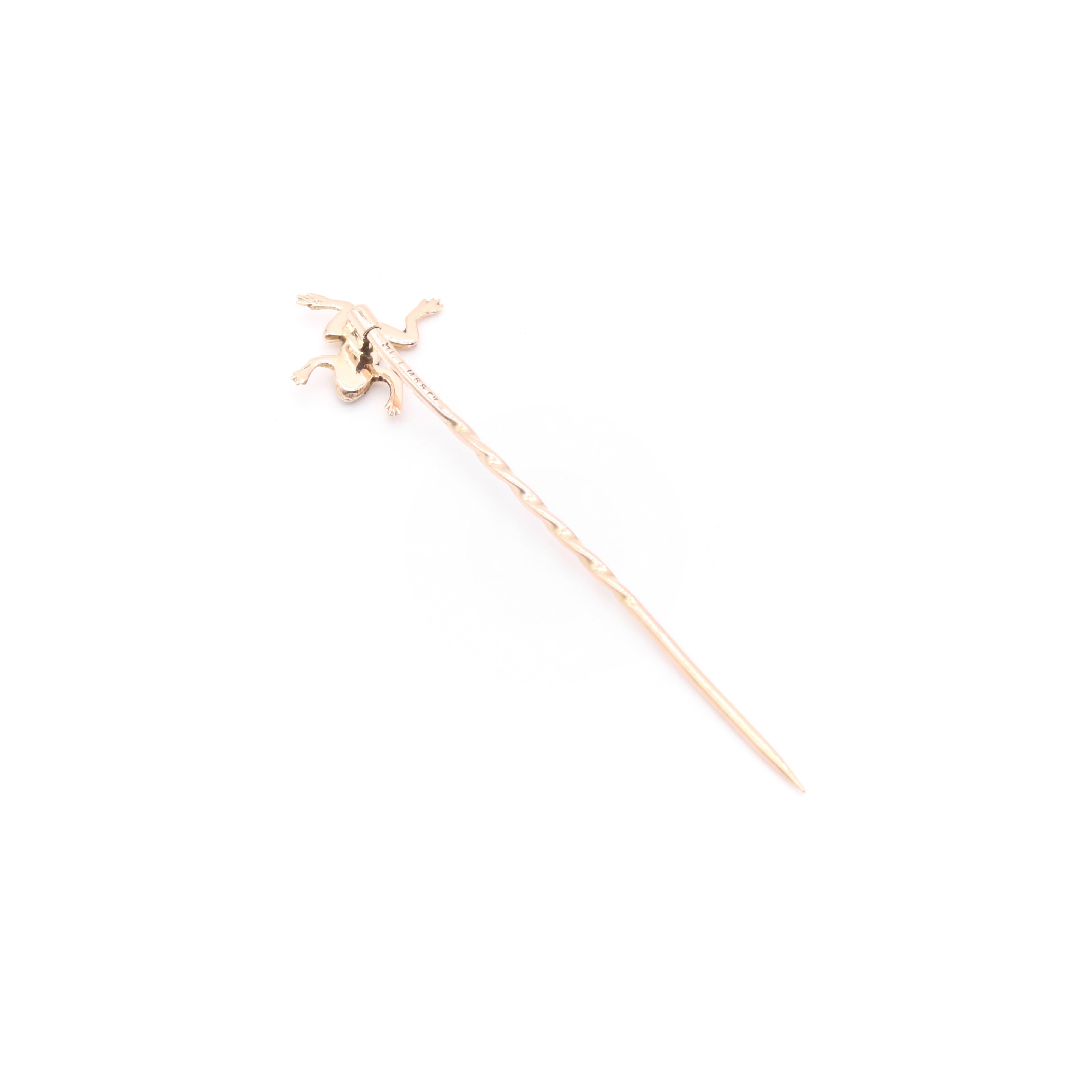 Antique 9K Yellow Gold Forest Green Gem Set Frog Stick Pin 5