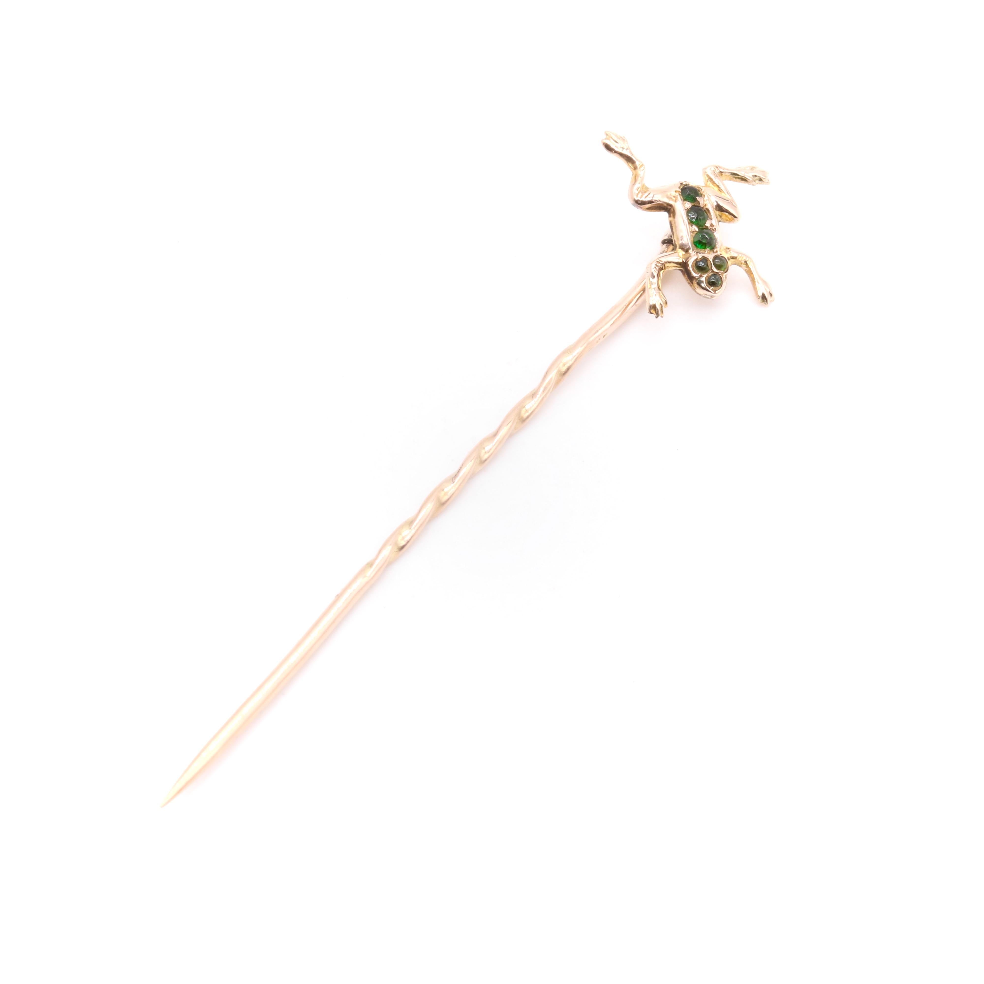 Antique 9K Yellow Gold Forest Green Gem Set Frog Stick Pin 1
