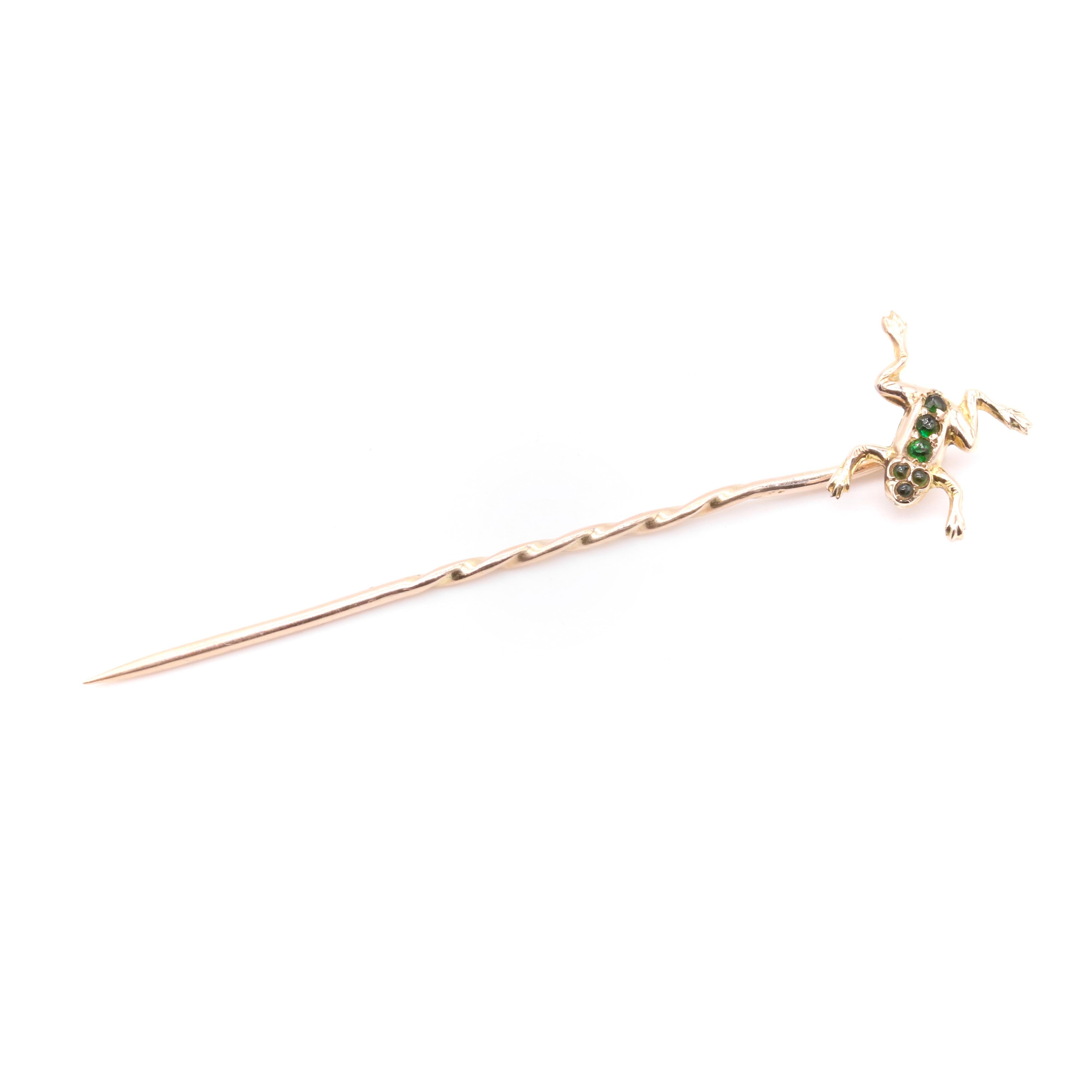 Antique 9K Yellow Gold Forest Green Gem Set Frog Stick Pin 2