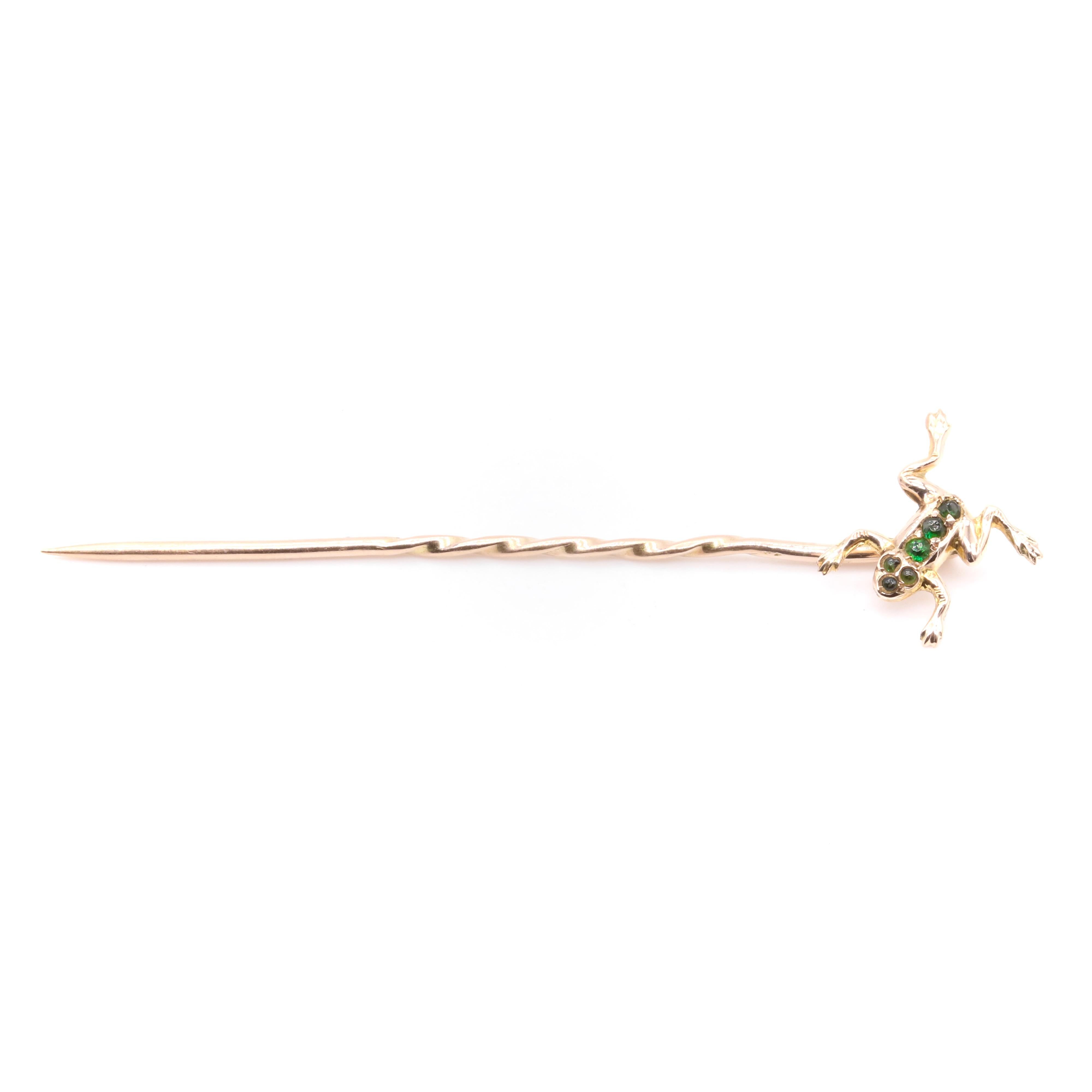 Antique 9K Yellow Gold Forest Green Gem Set Frog Stick Pin 3