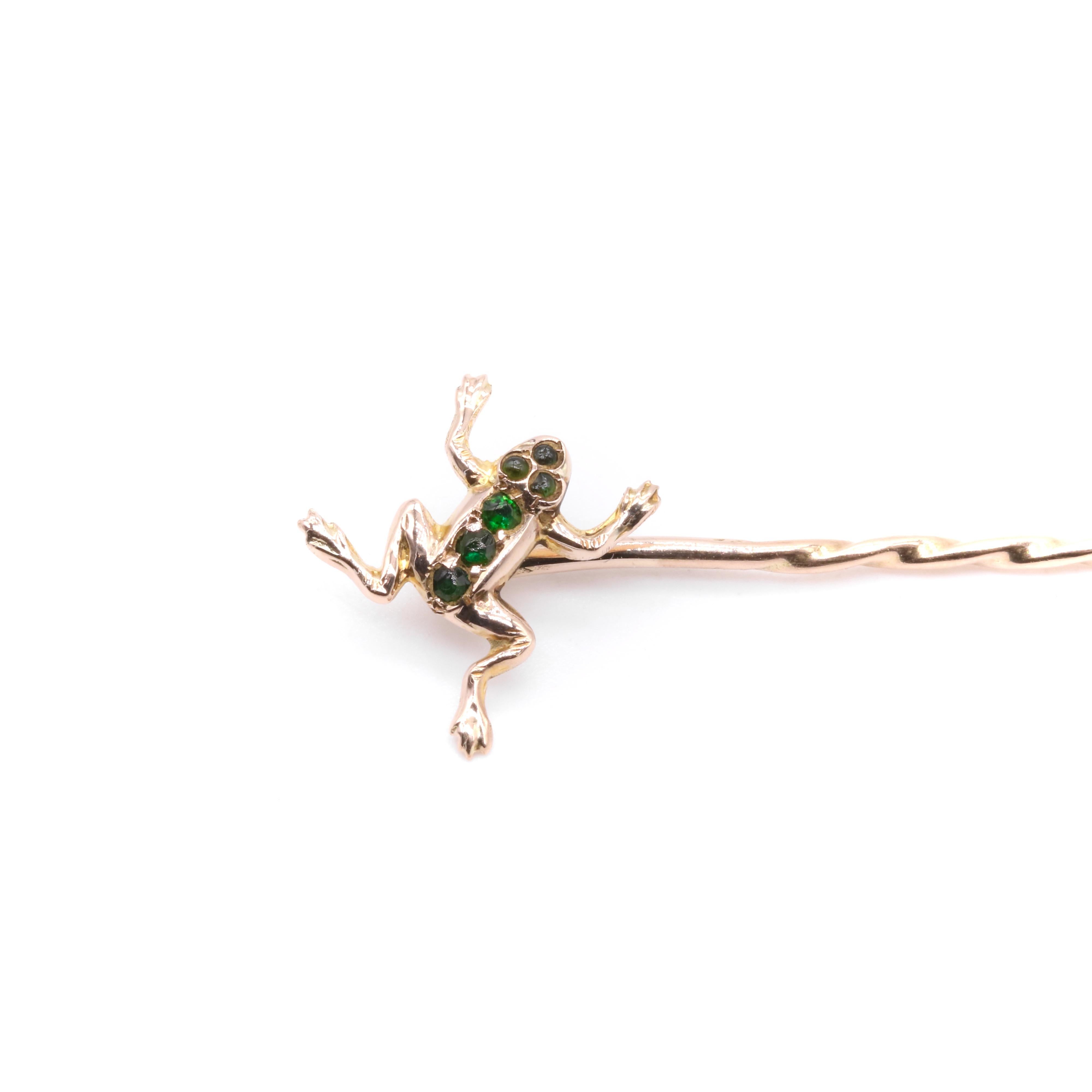Antique 9K Yellow Gold Forest Green Gem Set Frog Stick Pin 4
