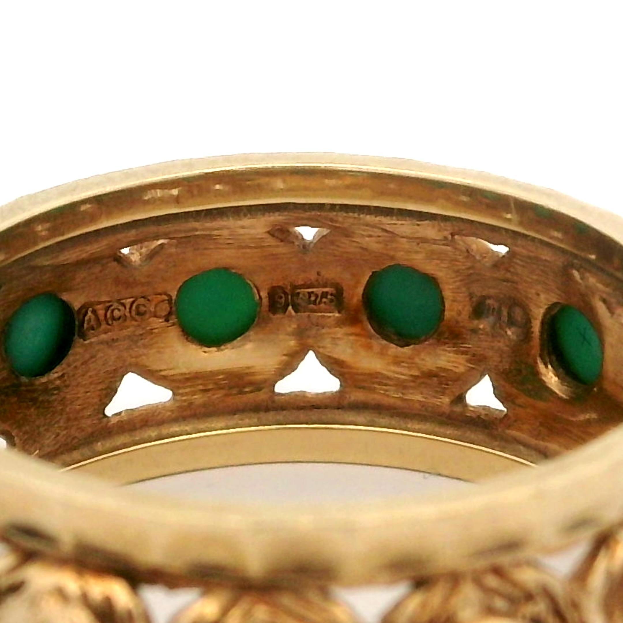 –Stone(s)–
(13) Natural Genuine Turquoise - Round Cabochon - Bezel Set - Greenish Turquoise Color w/ Natural Variations - 2.34 to 2.63mm (approx.)

Material: Solid 9k Yellow Gold
Weight: 4.91 Grams
Ring Size: 7.5 ( fitted on finger, we can NOT