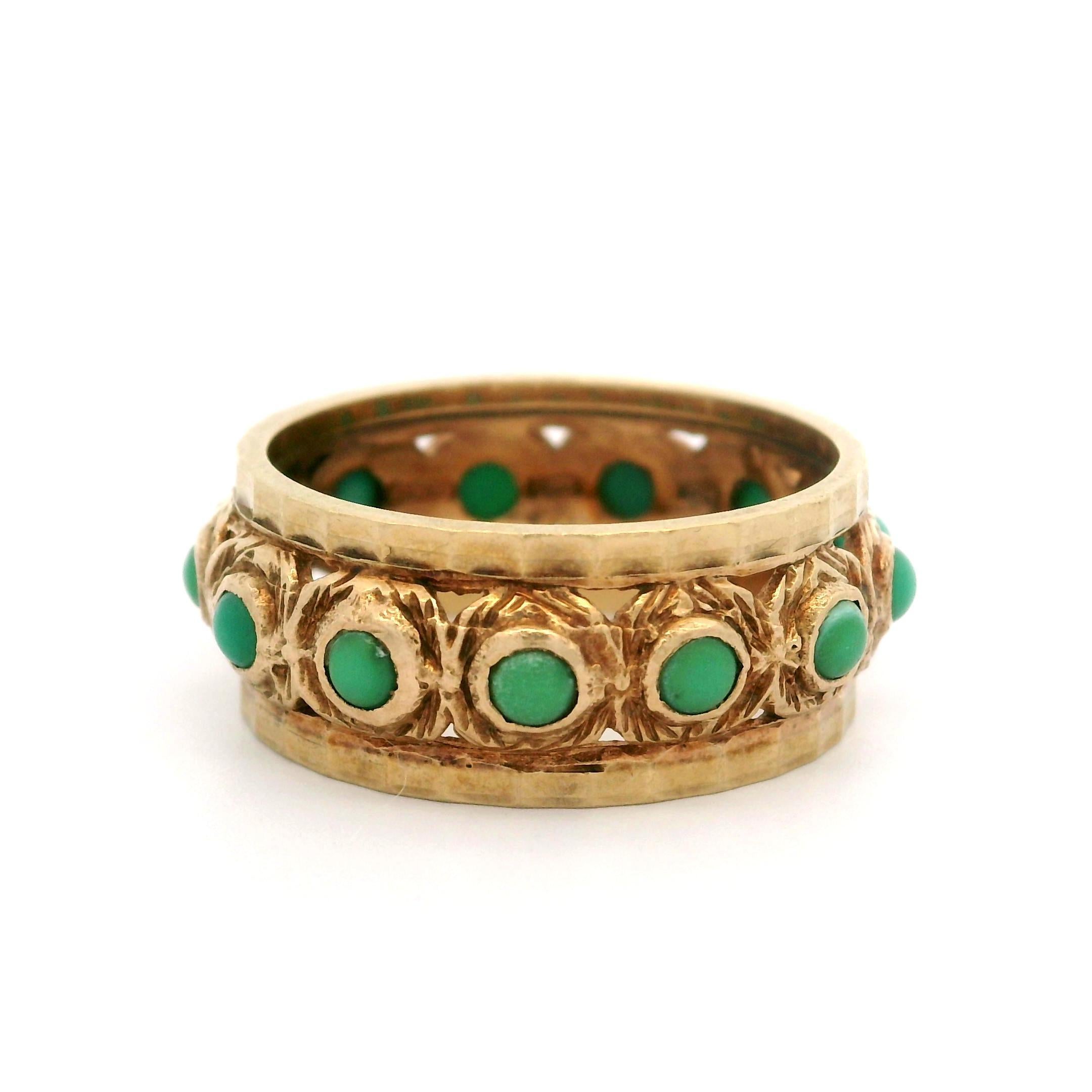 Cabochon Antique 9k Yellow Gold Green Turquoise Faceted Edges Wide Eternity Band Ring