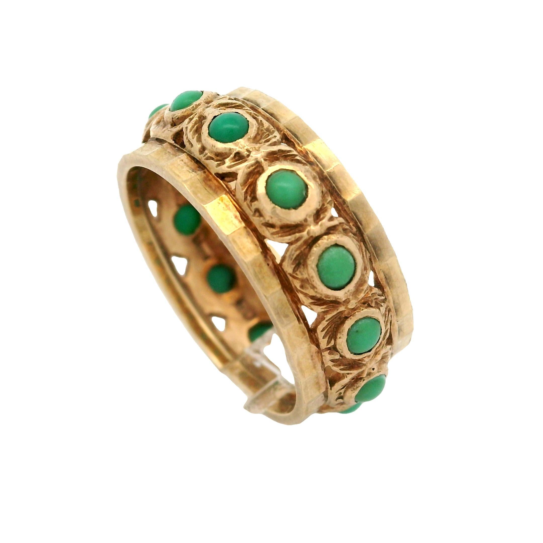 Antique 9k Yellow Gold Green Turquoise Faceted Edges Wide Eternity Band Ring In Good Condition In Montclair, NJ