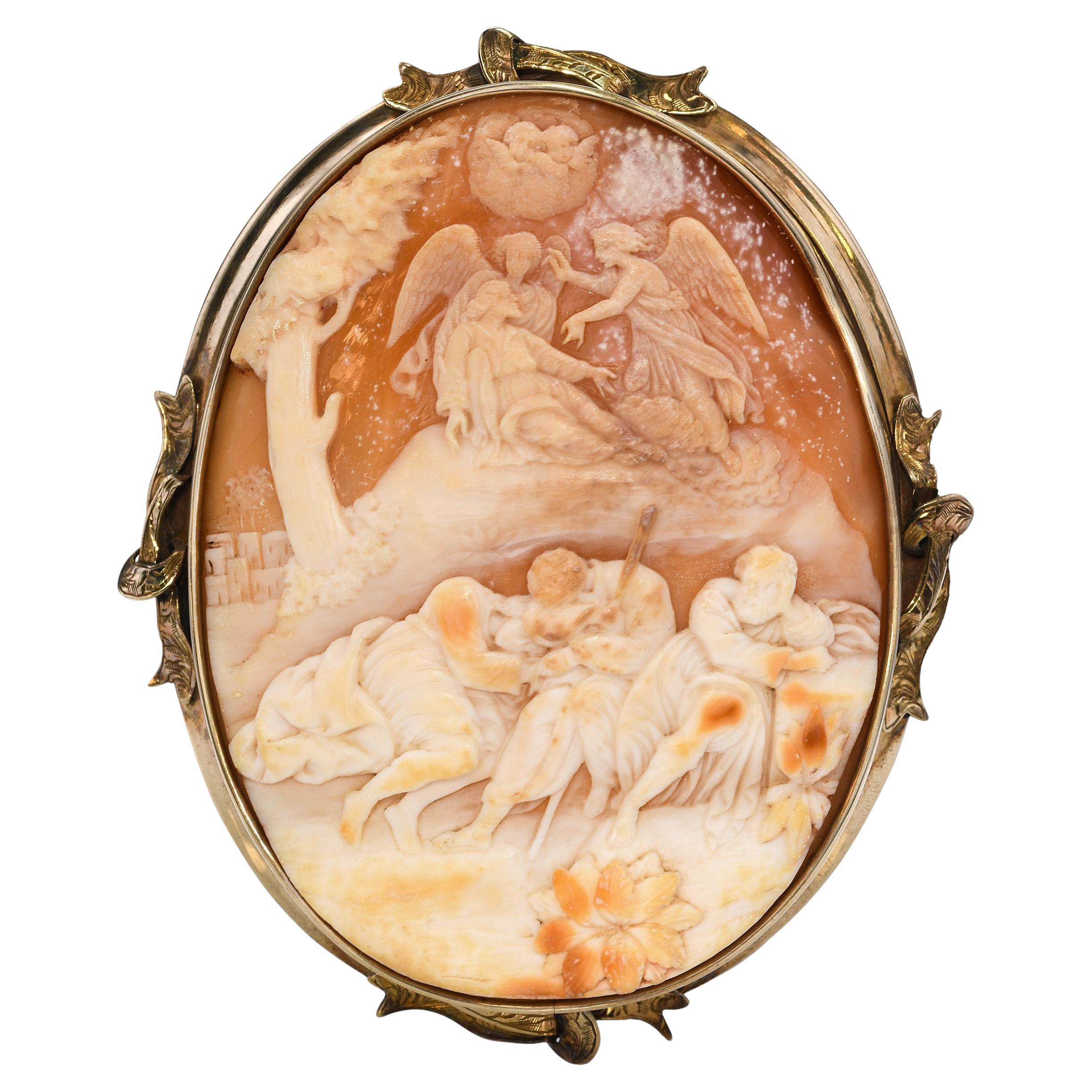 Antike 9k Gelbgold Jesus Passion, Apostel schlafend Shell Cameo Brosche