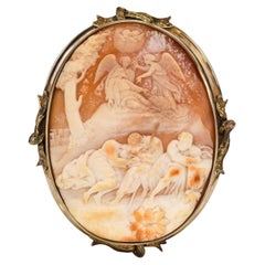 Antique 9k Yellow Gold Jesus Passion, Apostles Sleeping Shell Cameo Brooch