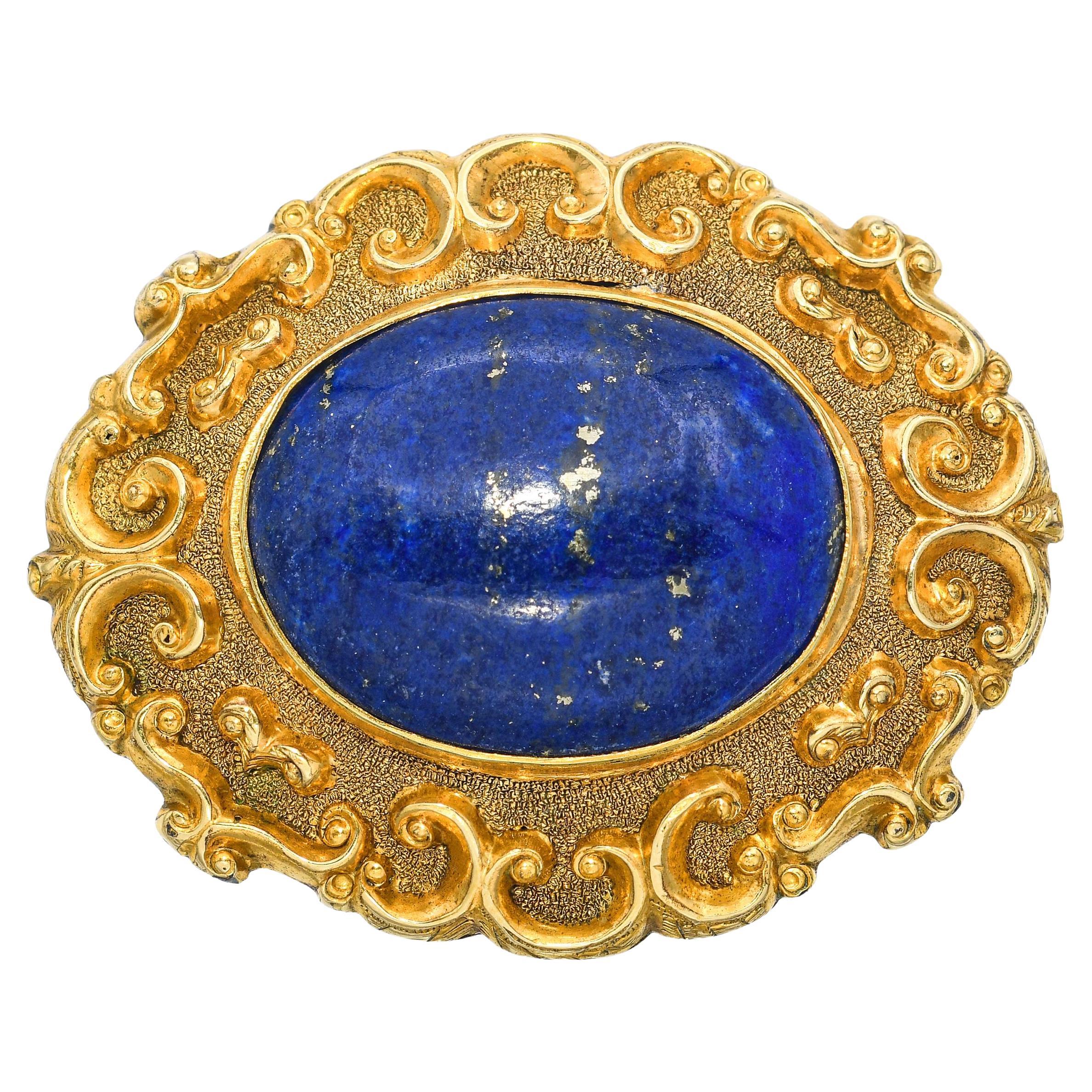 Antike 9K Gelbgold Lapislazuli Filigran Brosche Pin