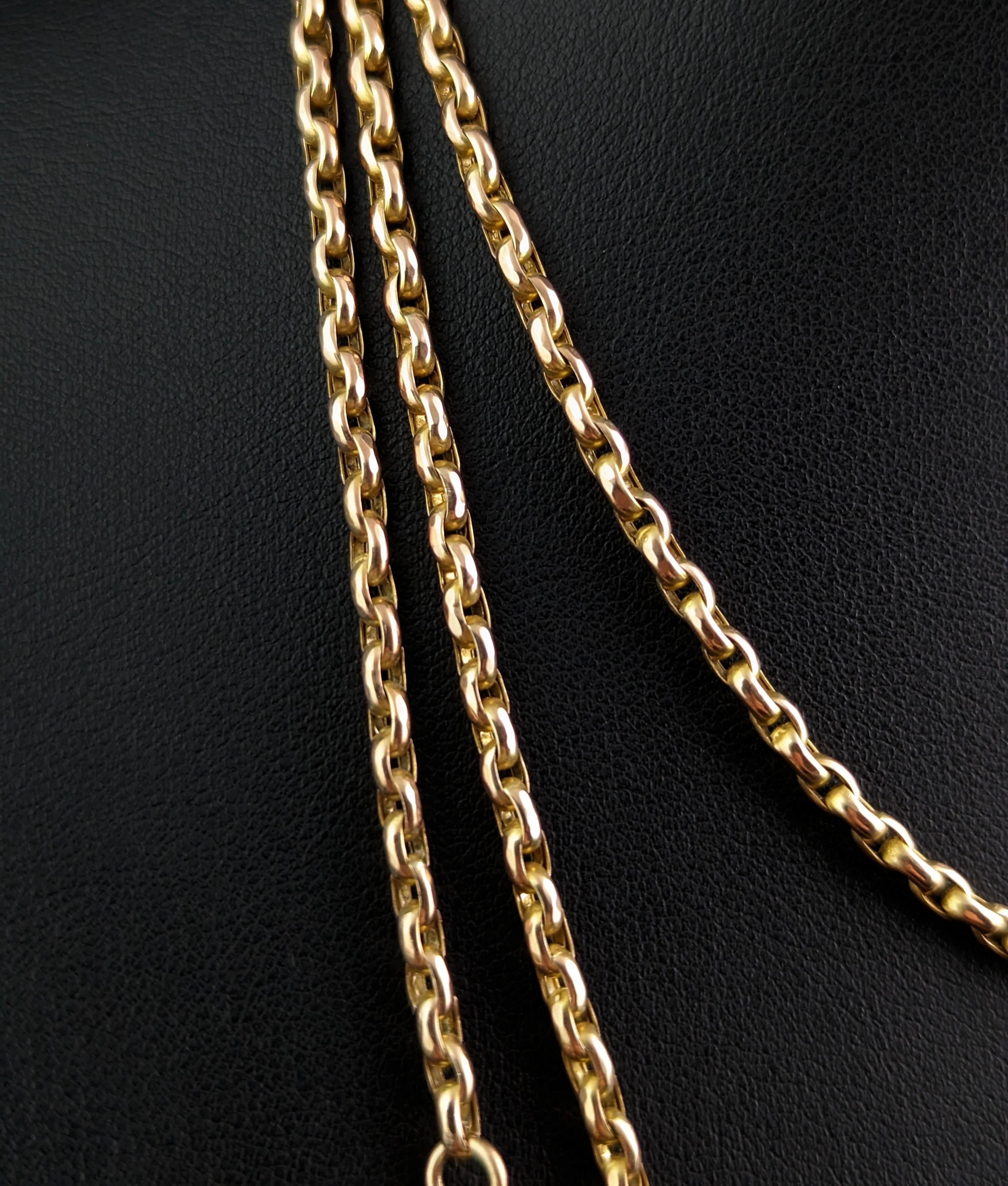 Antique 9k Yellow Gold Long Chain Necklace, Longuard, Victorian For Sale 7