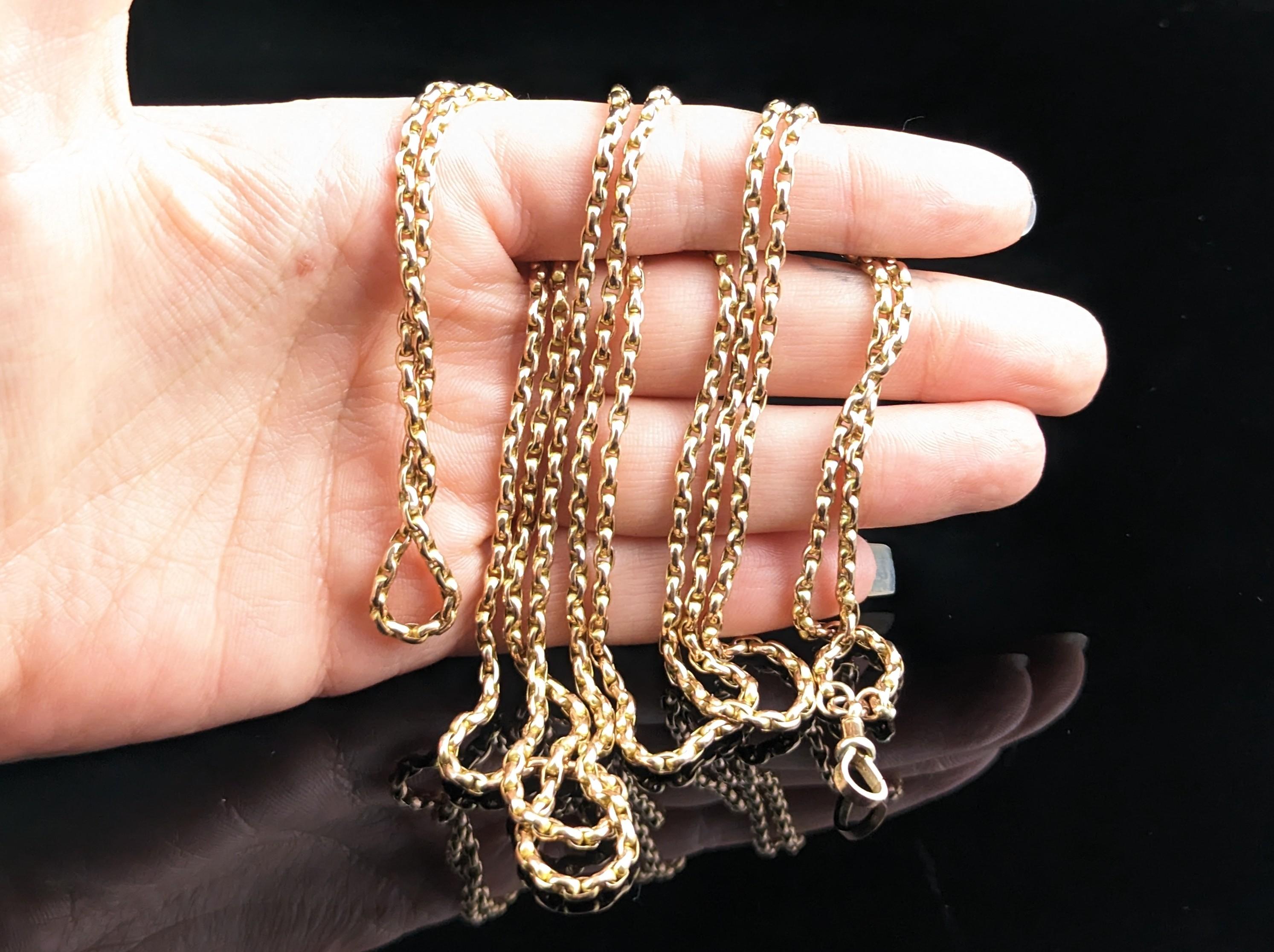 Women's or Men's Antique 9k Yellow Gold Long Chain Necklace, Longuard, Victorian For Sale