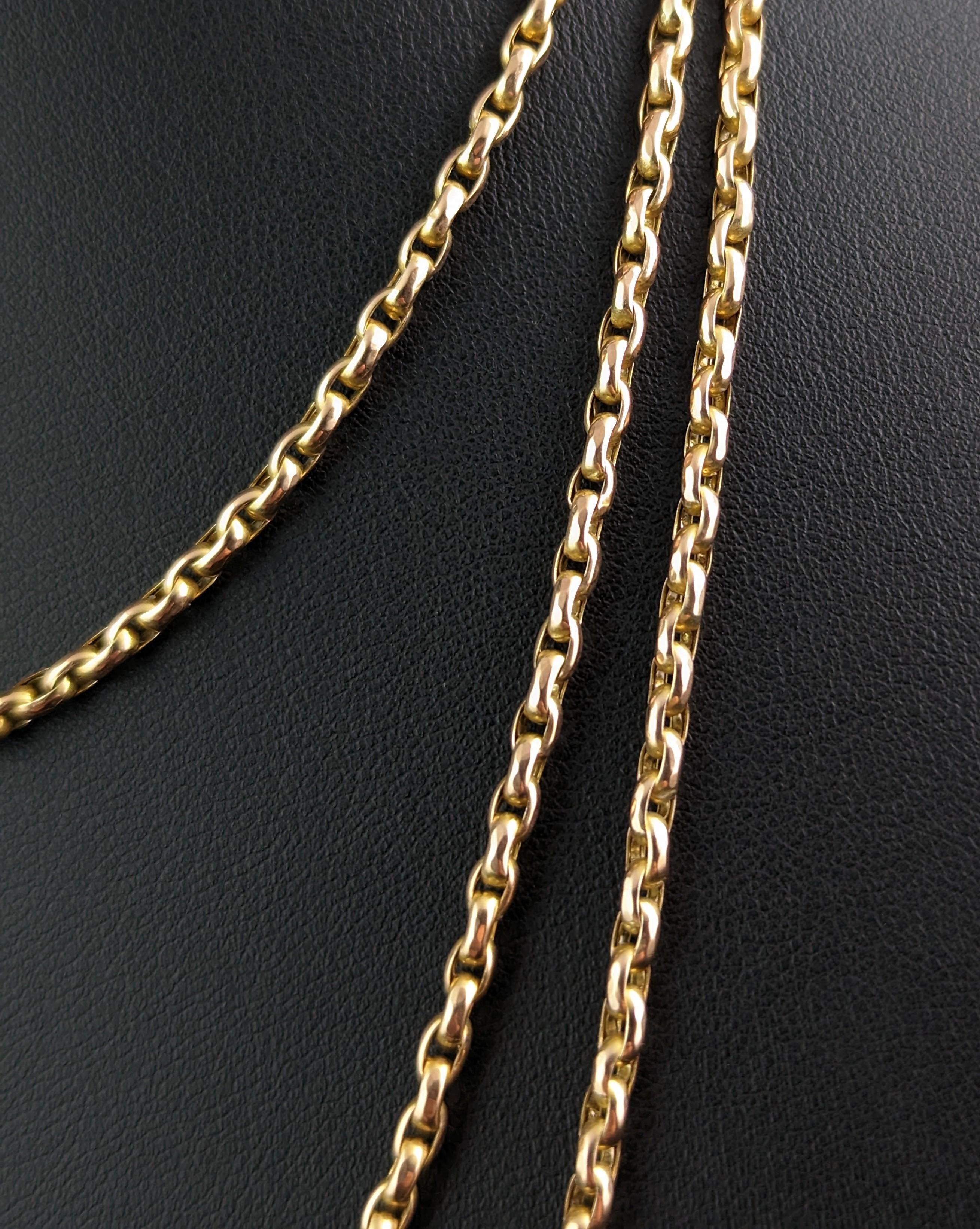 Antique 9k Yellow Gold Long Chain Necklace, Longuard, Victorian For Sale 2