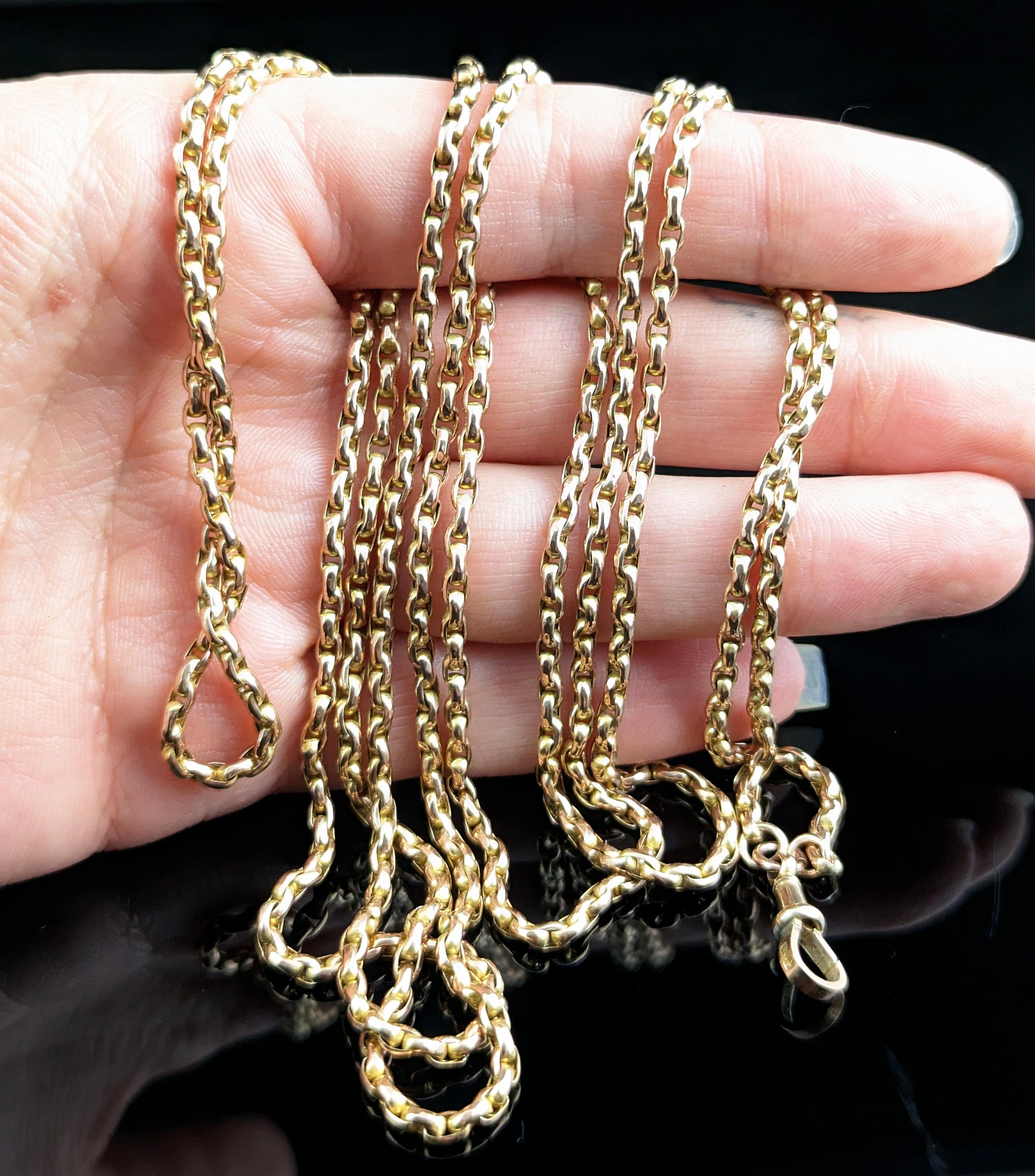 Antique 9k Yellow Gold Long Chain Necklace, Longuard, Victorian For Sale 3