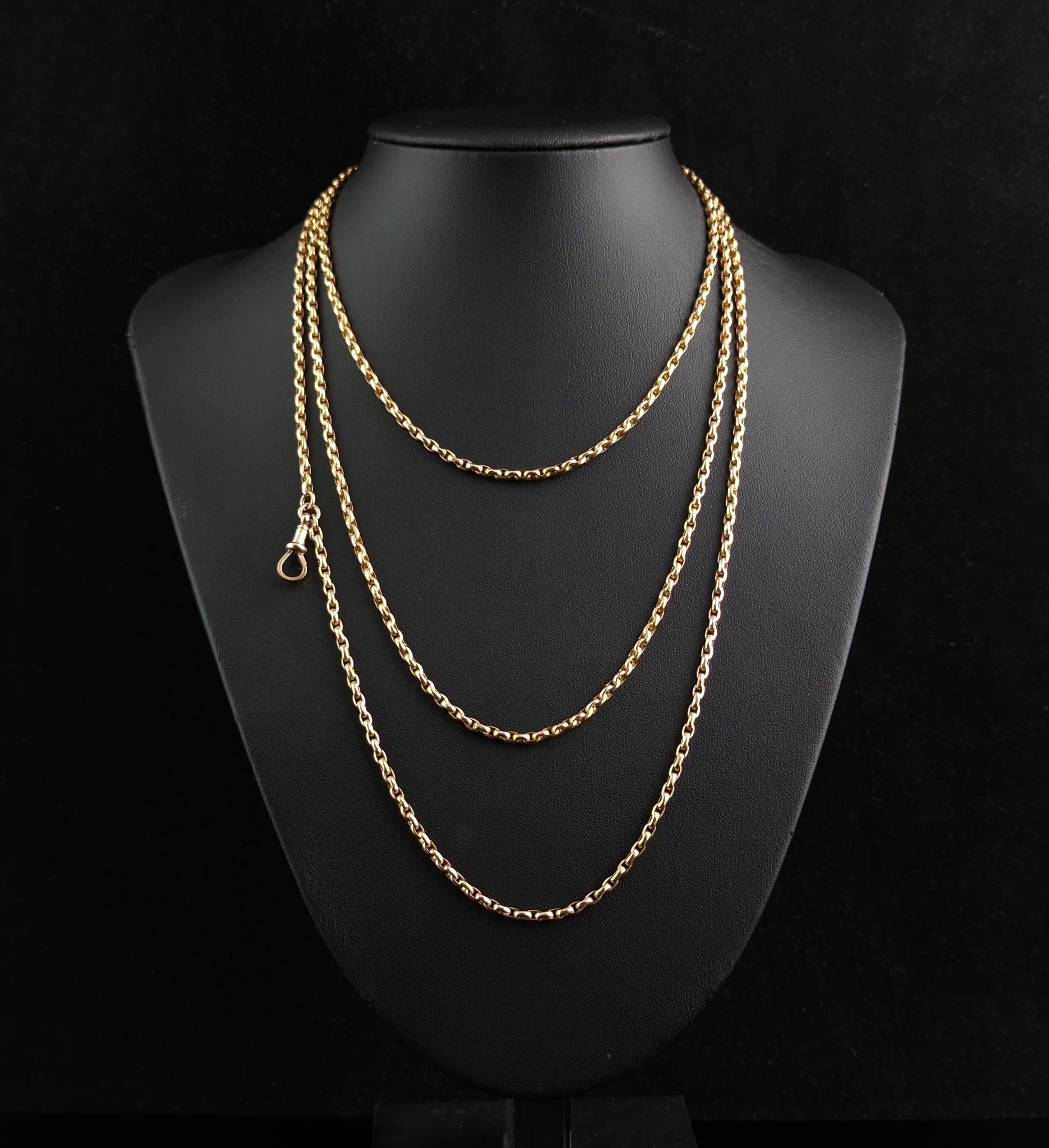 Antique 9k Yellow Gold Long Chain Necklace, Longuard, Victorian For Sale 4
