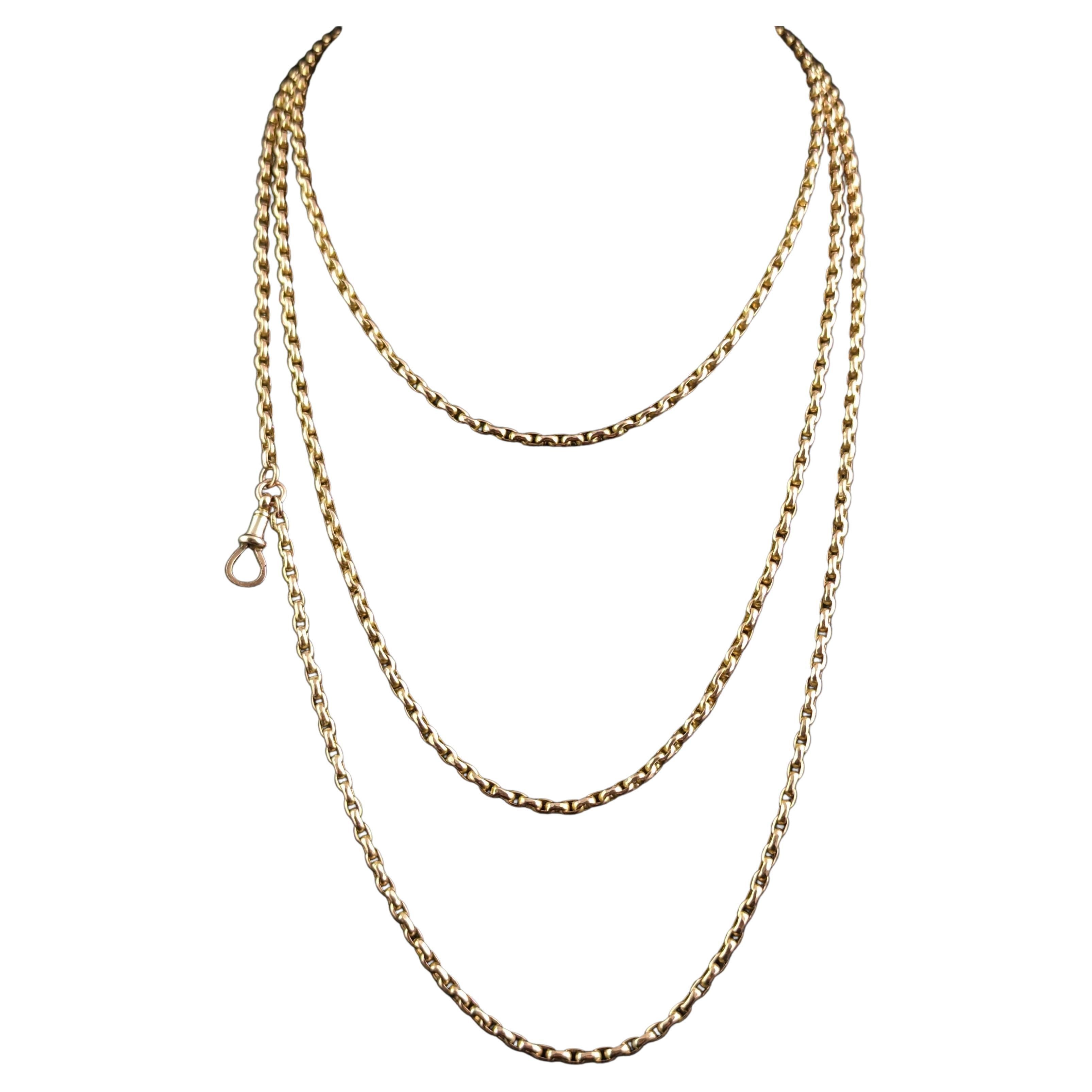 Antique 9k Yellow Gold Long Chain Necklace, Longuard, Victorian