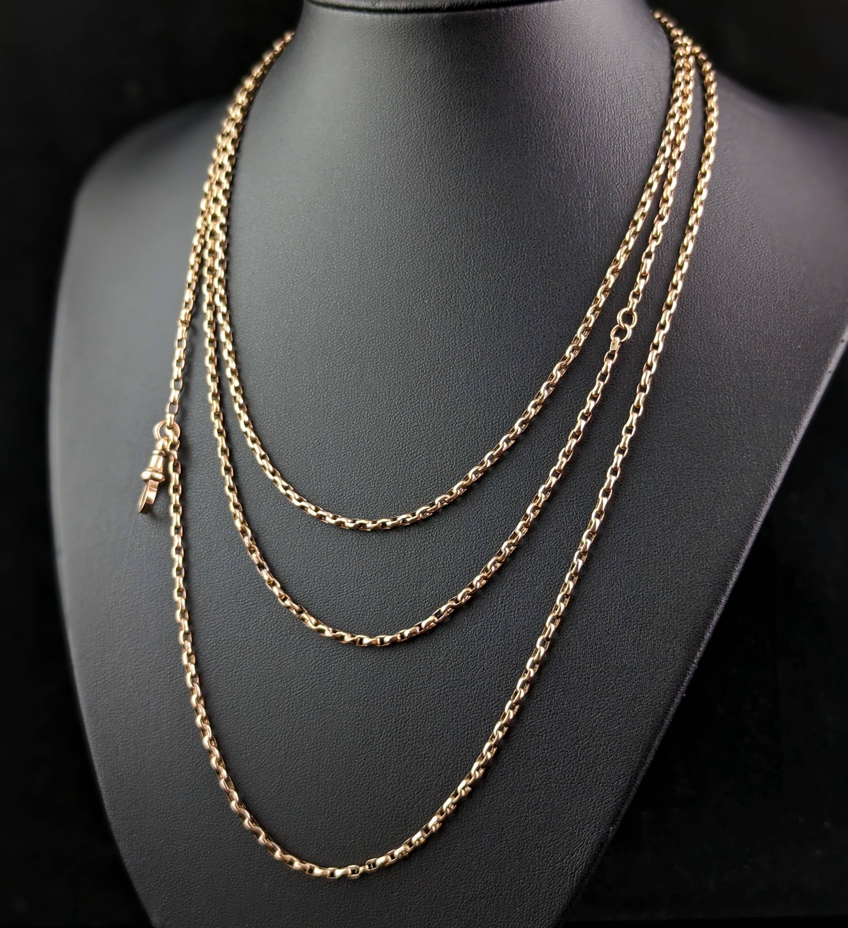 Victorian Antique 9k Yellow Gold Longuard Chain Necklace, Muff Chain