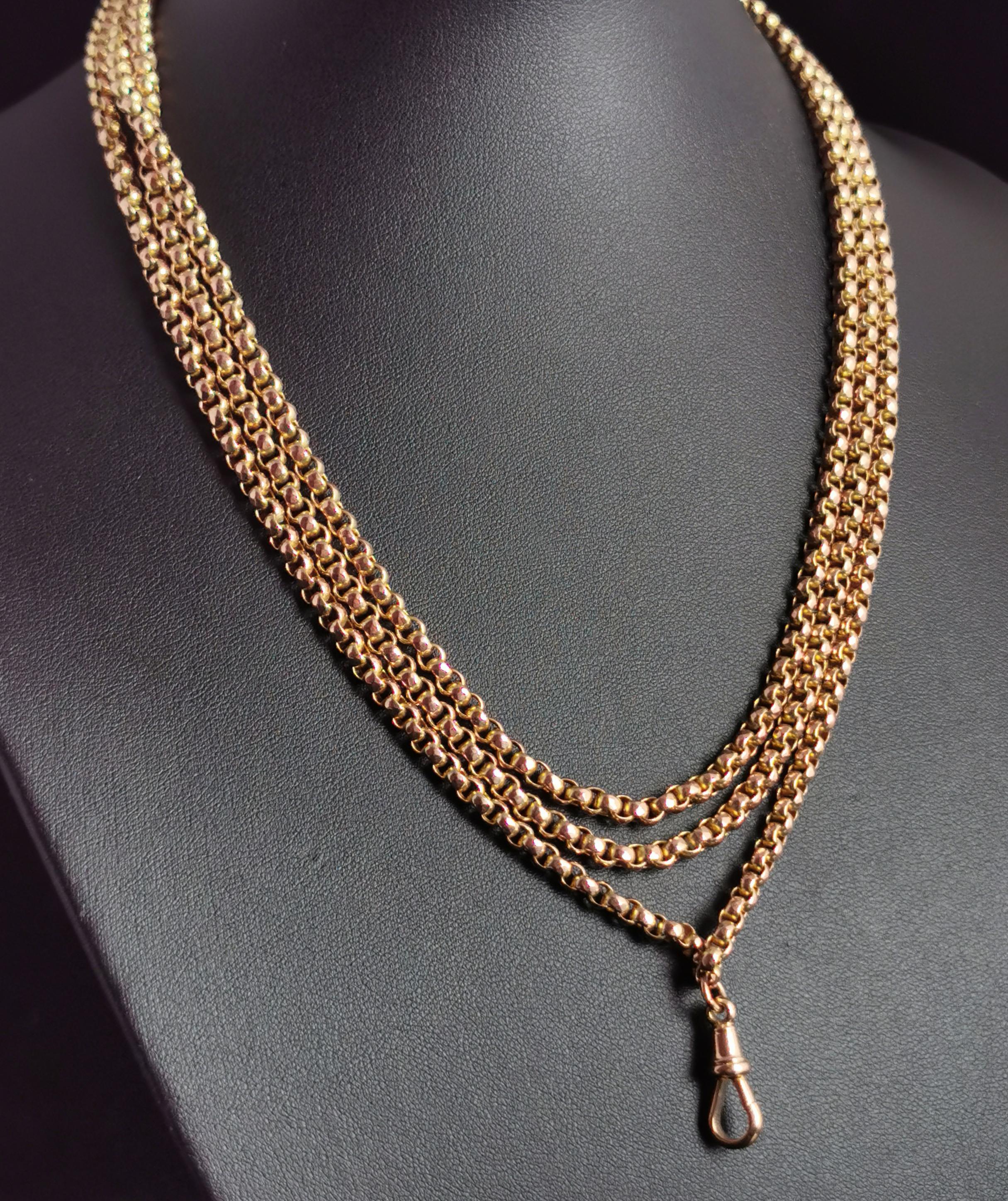 Antique 9k Yellow Gold Longuard Chain Necklace, Muff Chain, Victorian 8