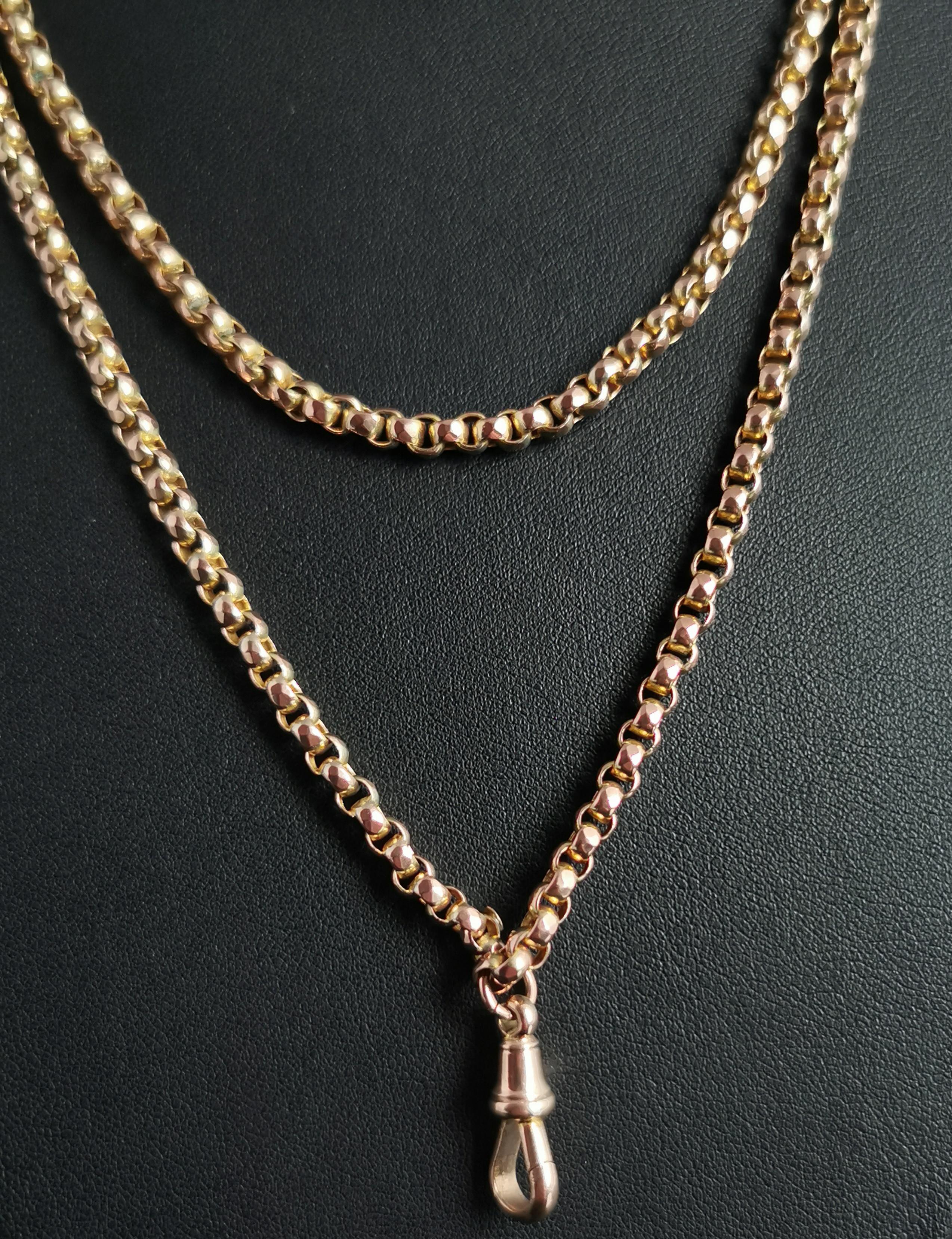 Antique 9k Yellow Gold Longuard Chain Necklace, Muff Chain, Victorian 10