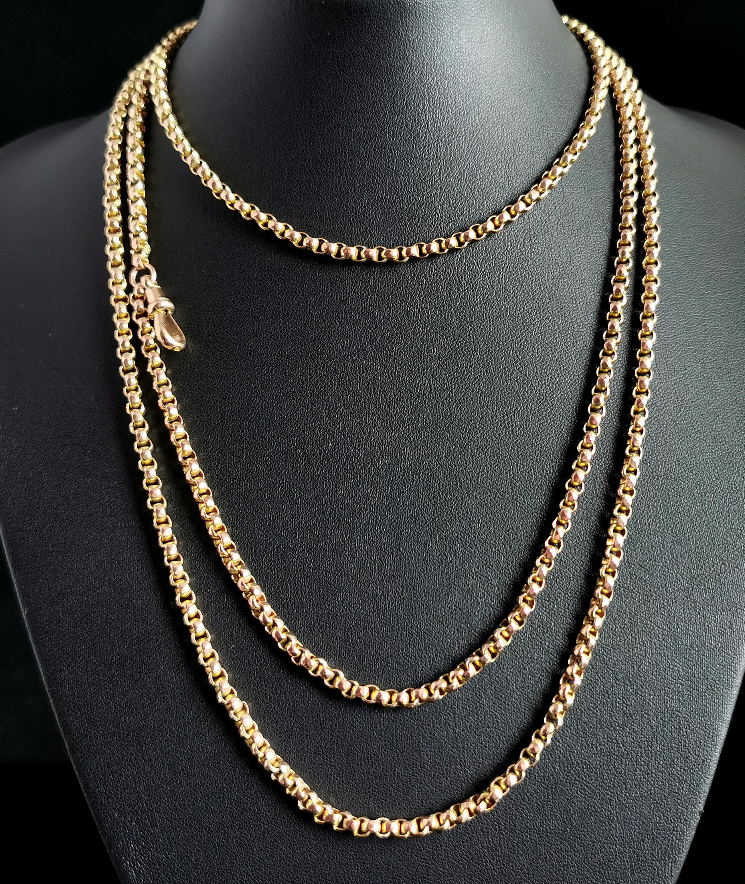 Antique 9k Yellow Gold Longuard Chain Necklace, Muff Chain, Victorian In Good Condition In NEWARK, GB