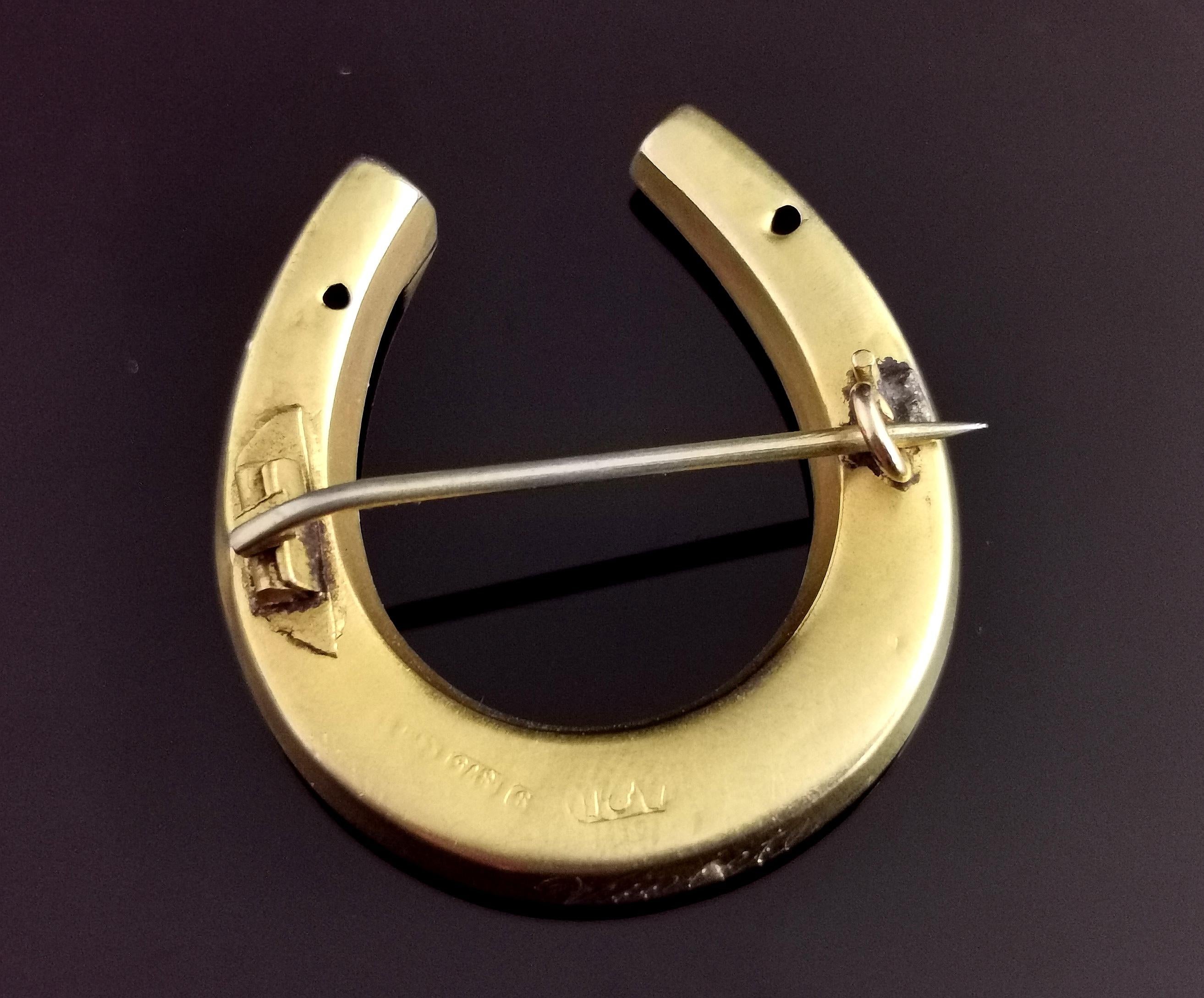 Antique 9k Yellow Gold Lucky Horseshoe Brooch, Victorian 1