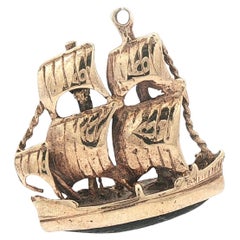 Antico ciondolo a vela in oro giallo 9k con ossidiana nera e marquise