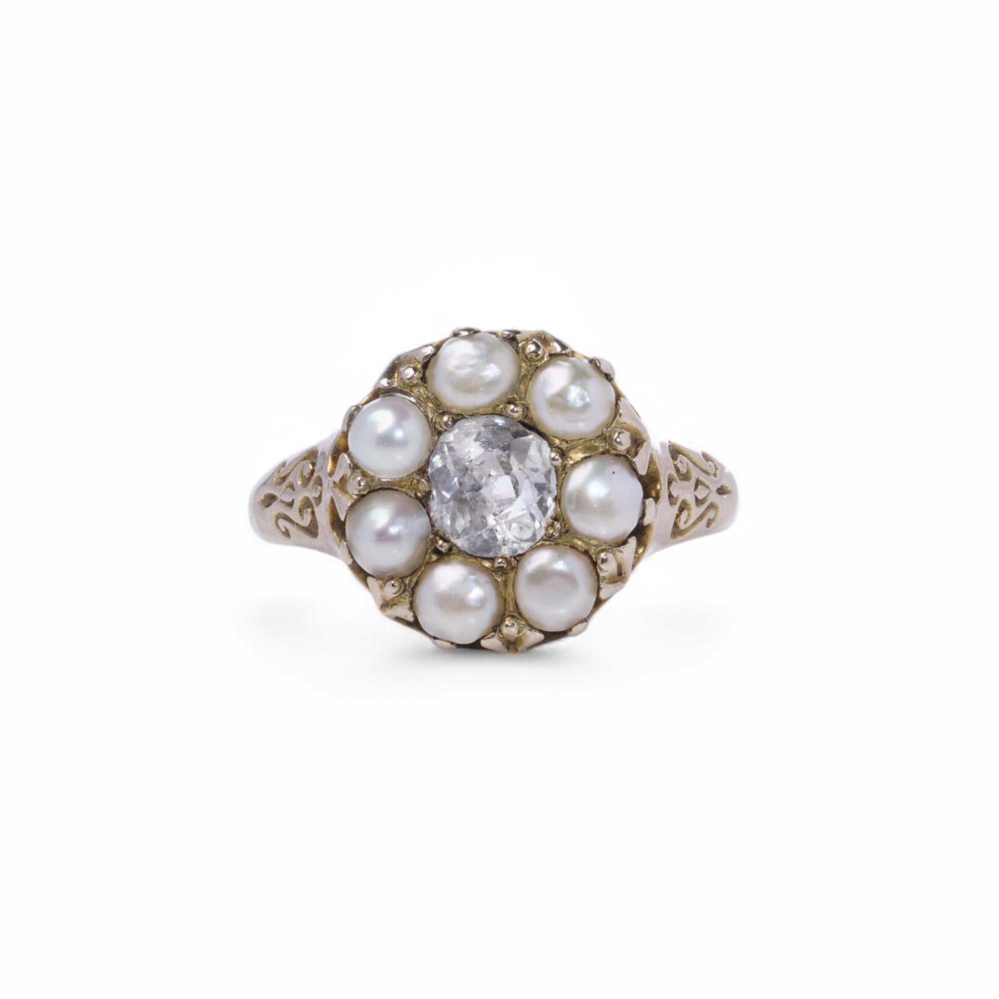 Old Mine Cut Antique 9K Yellow Gold Pearl and Old Mine Diamond Cluster Ring For Sale
