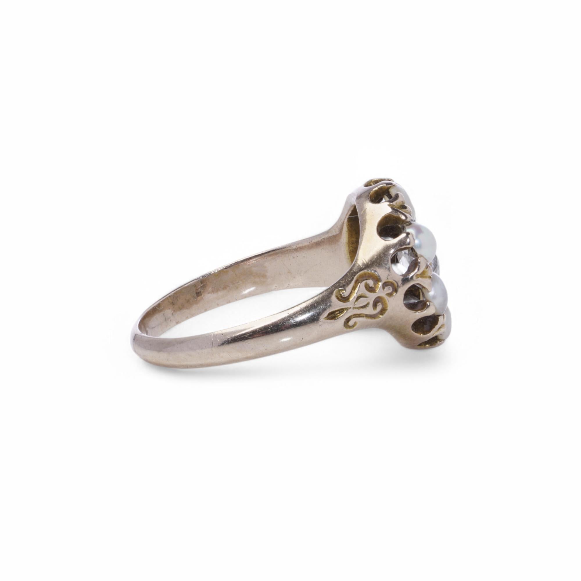 Women's Antique 9K Yellow Gold Pearl and Old Mine Diamond Cluster Ring For Sale