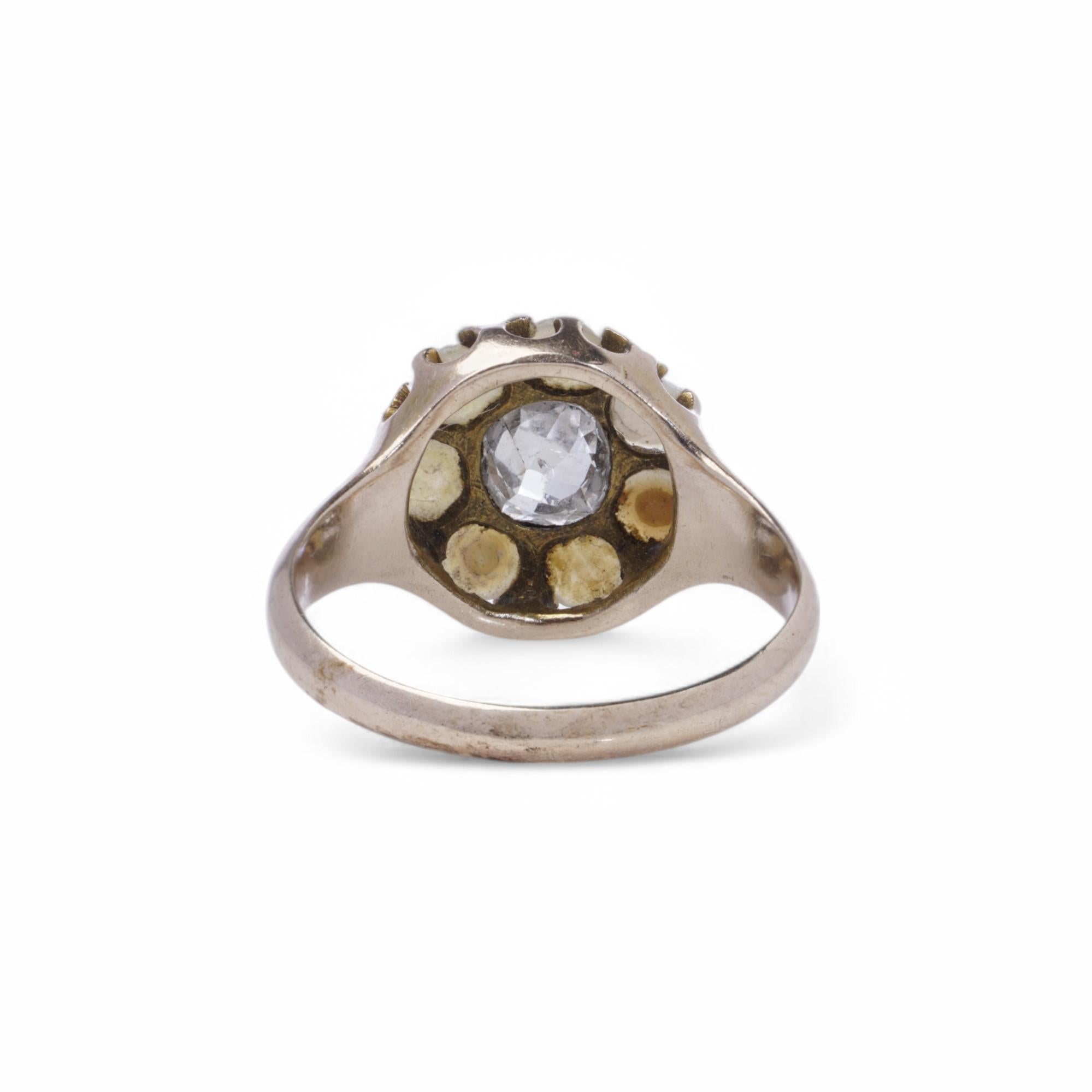Antique 9K Yellow Gold Pearl and Old Mine Diamond Cluster Ring For Sale 1