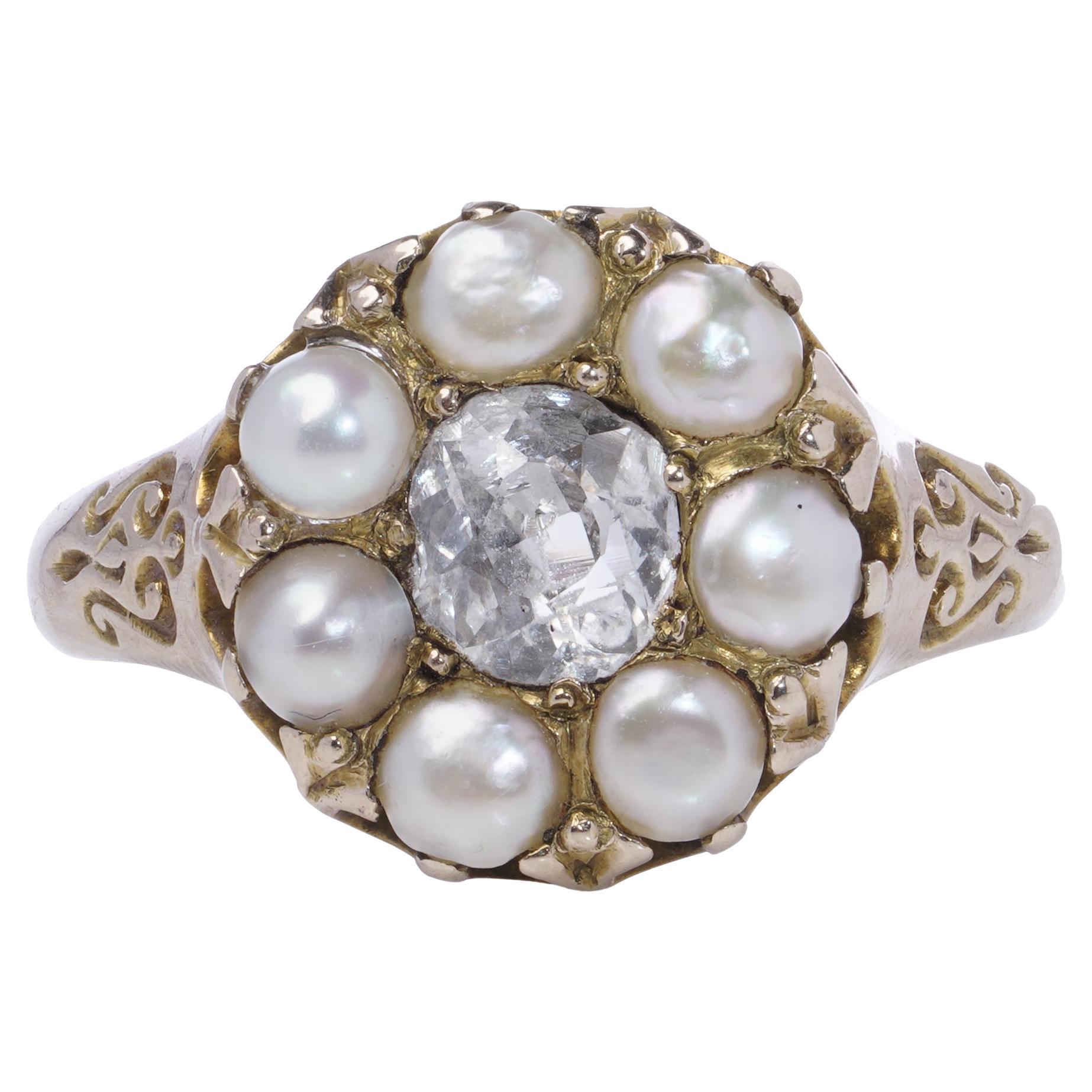 Antique 9K Yellow Gold Pearl and Old Mine Diamond Cluster Ring