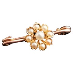 Antique 9k Yellow Gold Pearl Flower Pin, Brooch