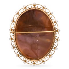 Antique 9k Yellow Gold Pearl "Seated Husband Wife and Child" Shell Cameo Brooch