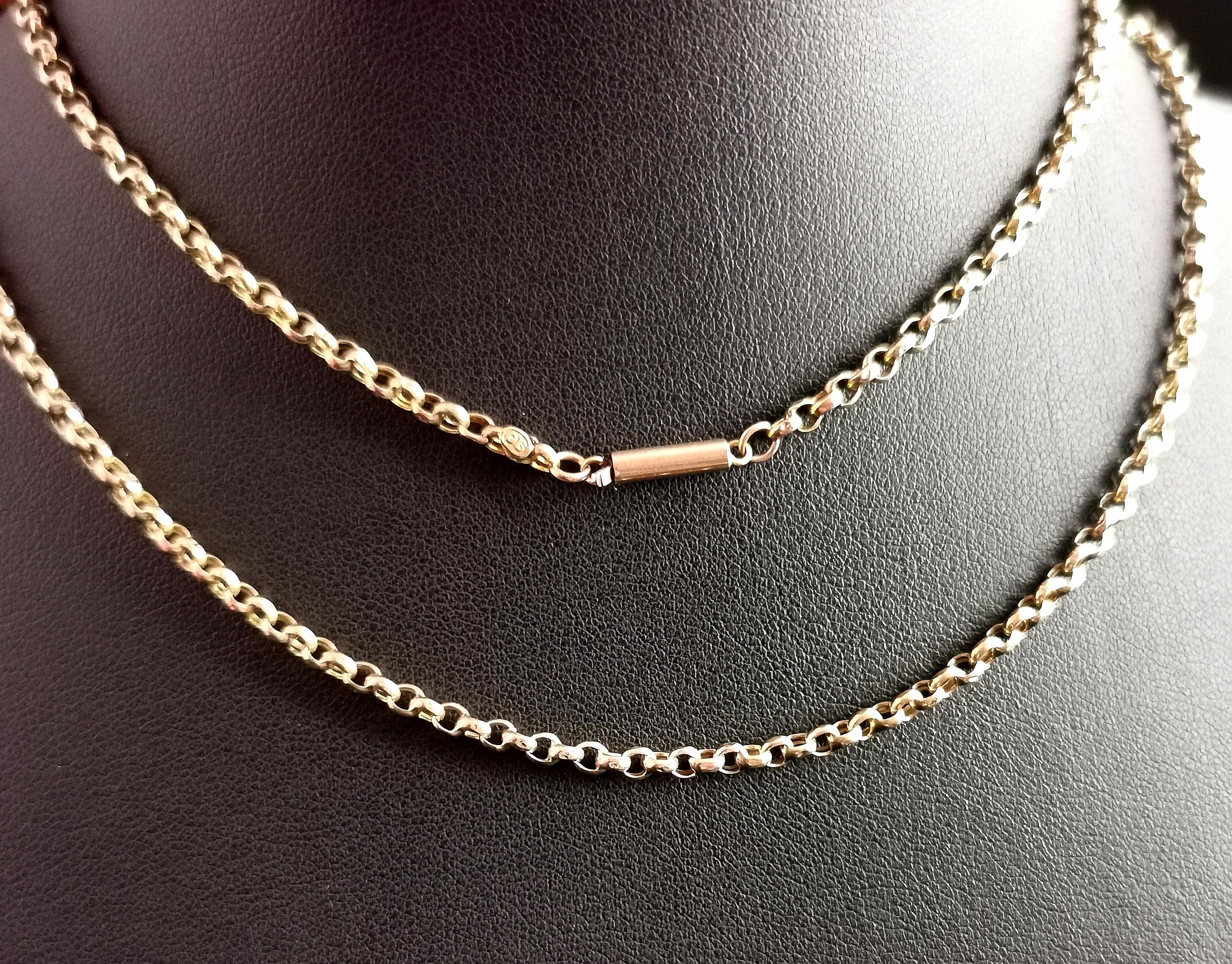 Antique 9k yellow gold rolo link chain necklace, Edwardian era  In Fair Condition In NEWARK, GB