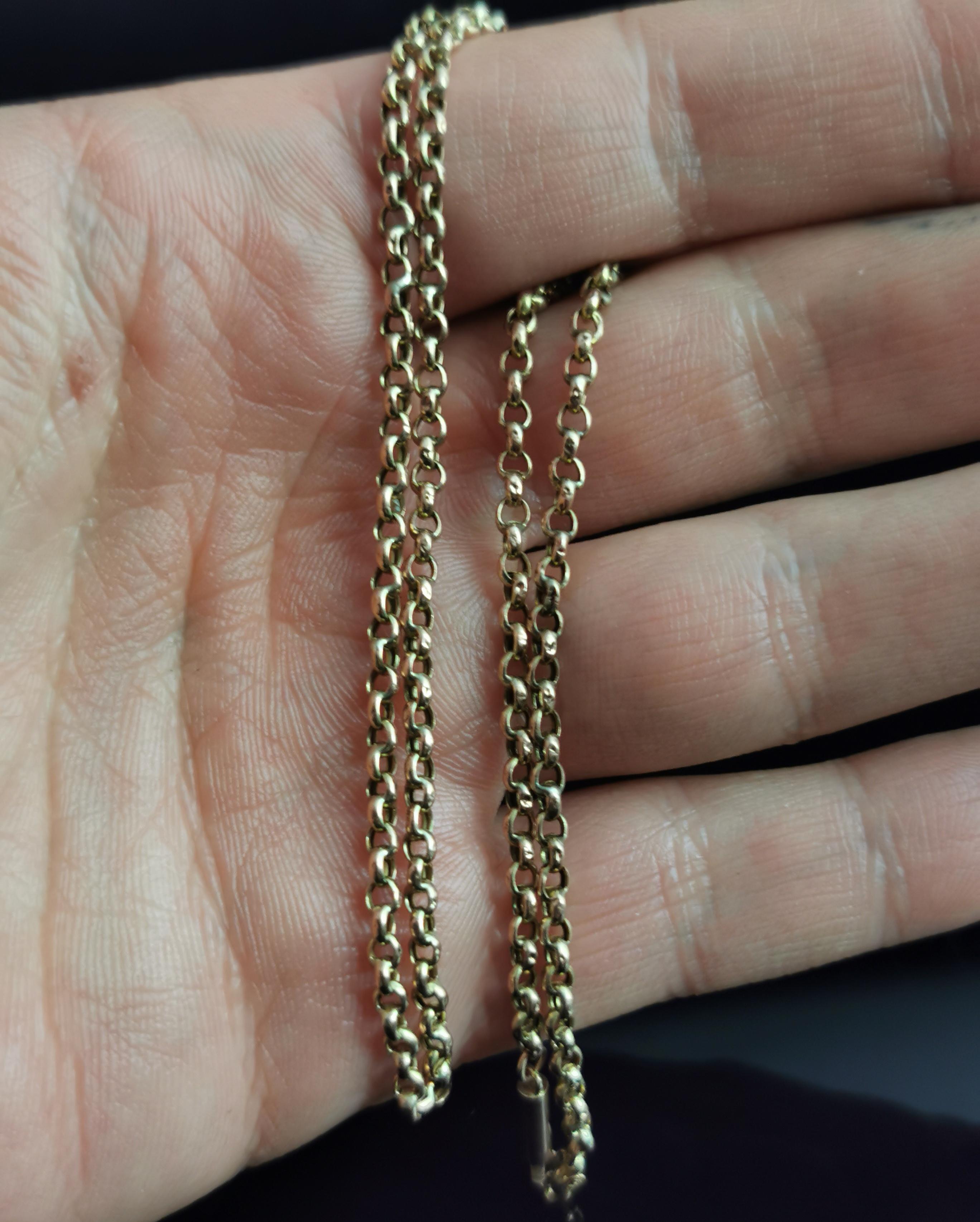 Antique 9k yellow gold rolo link chain necklace, Edwardian era  1