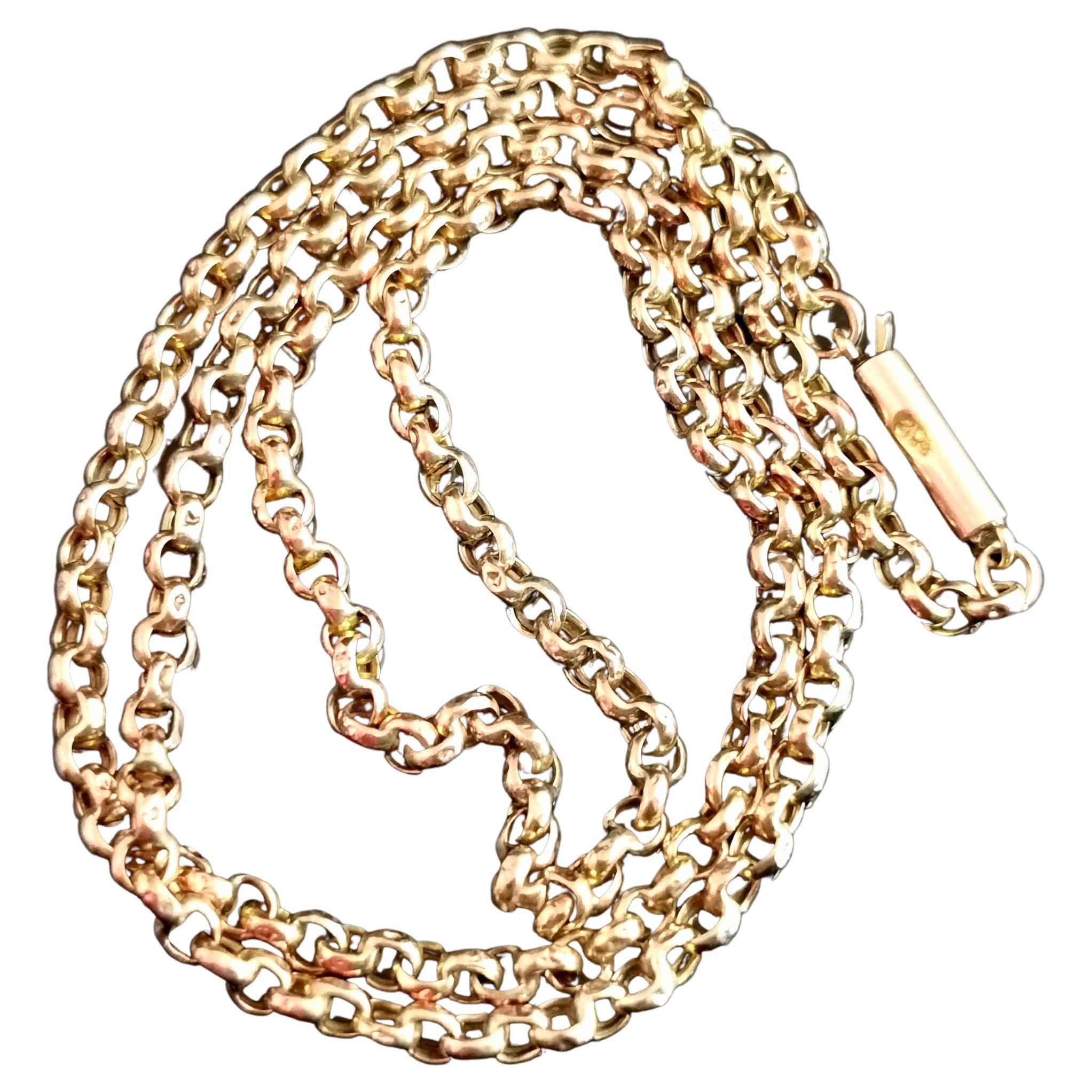 Antique 9k yellow gold rolo link chain necklace, Edwardian era 