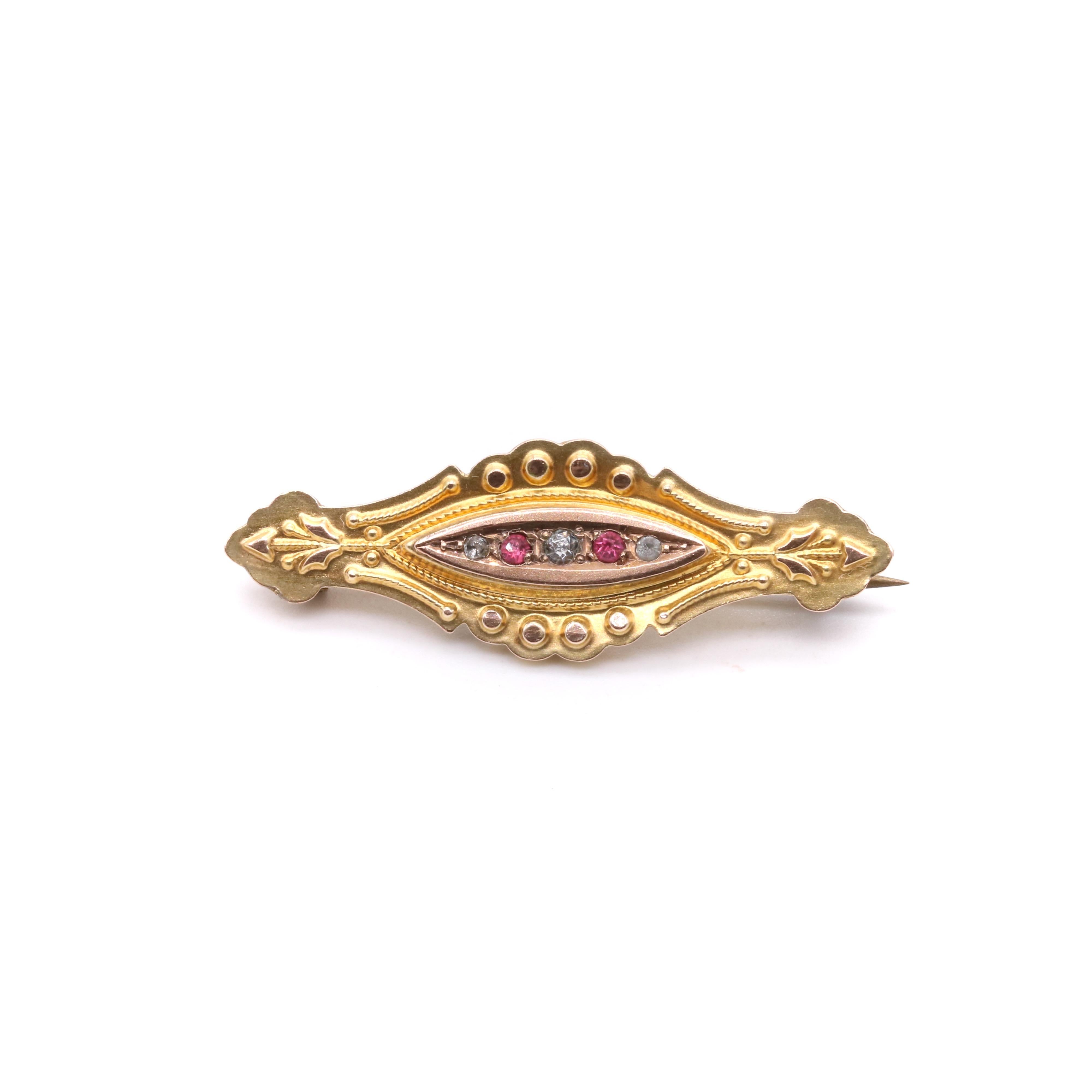 Ruby Stone Brooch Antique 9K Yellow Gold Ruby and Diamond 5 Stone Brooch For Sale at 1stDibs