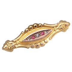 Antique 9K Yellow Gold Ruby and Diamond 5 Stone Brooch