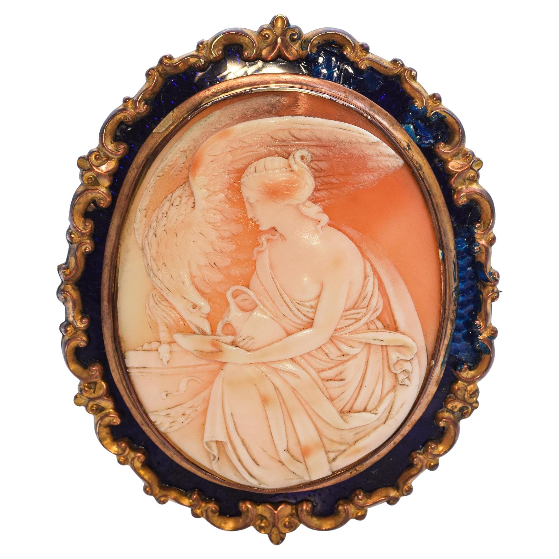 Antique 9k Yellow Gold Shell Cameo "Hebe and the Eagle of Jupiter" Brooch