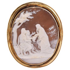 Antique 9k Yellow Gold Shell Cameo "St Catherine Giving Ohms" Brooch