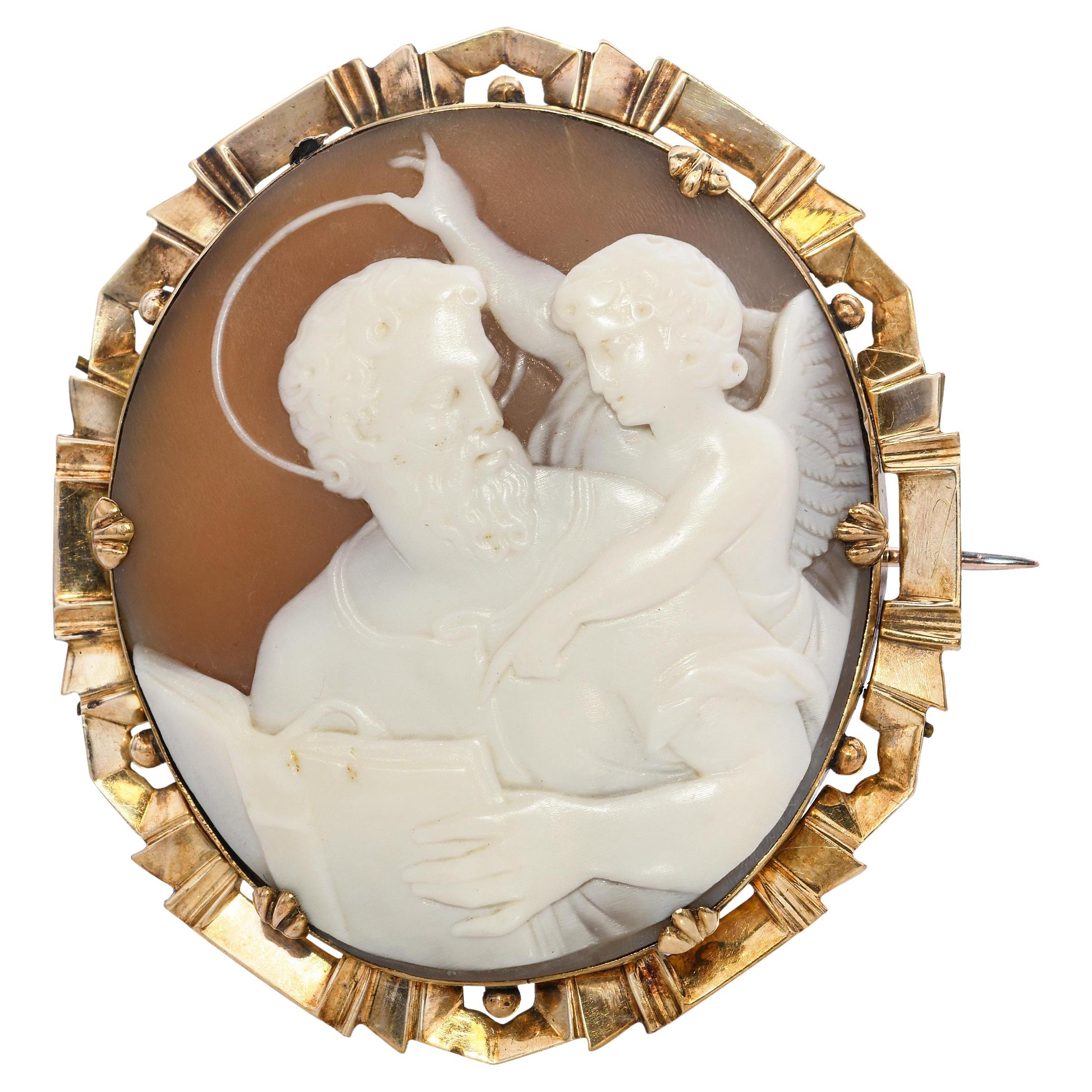 Antique 9k Yellow Gold St Matthew with Angel Cameo Mourning Brooch For Sale
