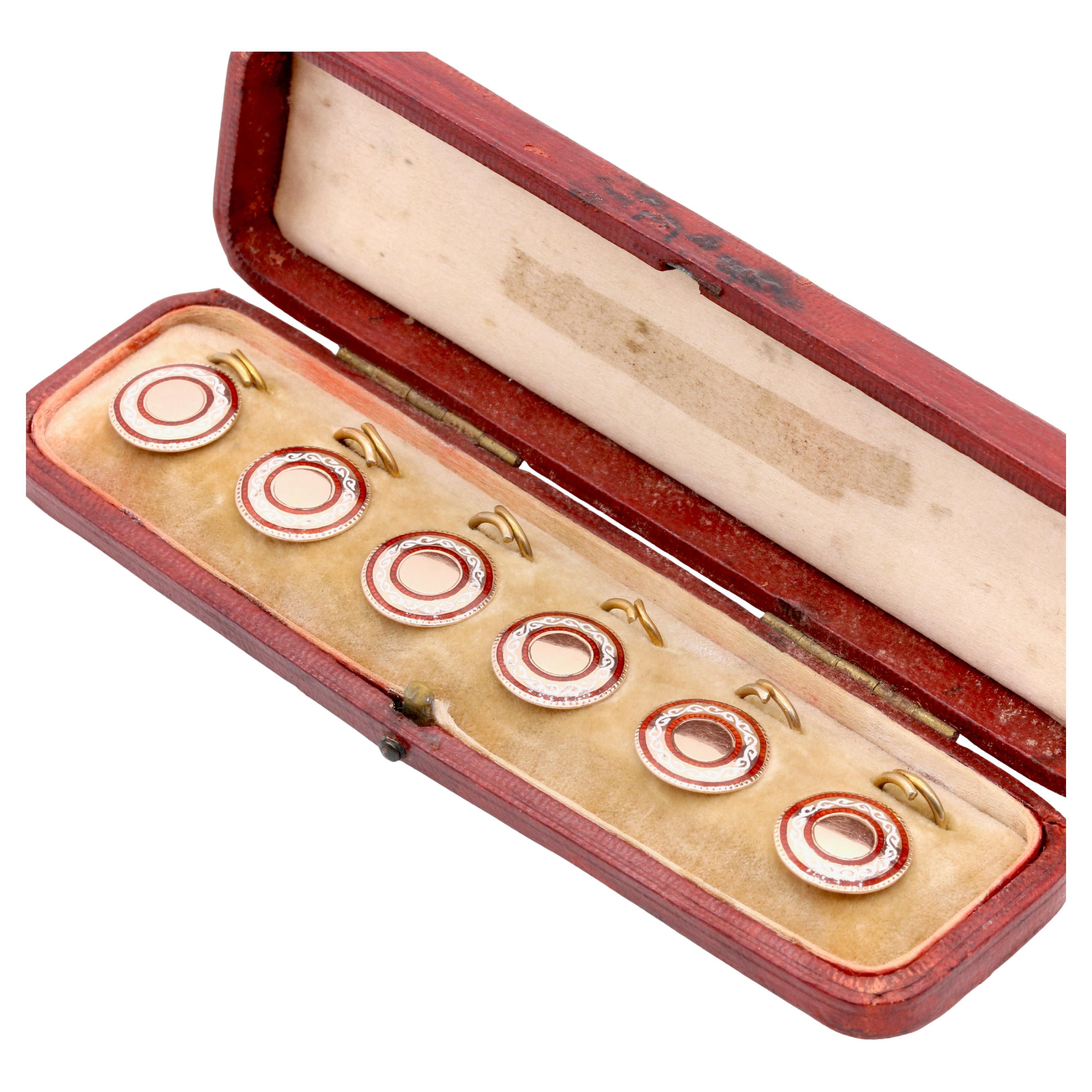 Boutons de robe anciens en or jaune 9K, émail blanc et rouge, dans leur étui d
origine