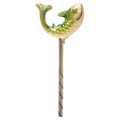 Antique 9KT Gold and Enamel Leaping Fish Stick Pin, Chased Scales