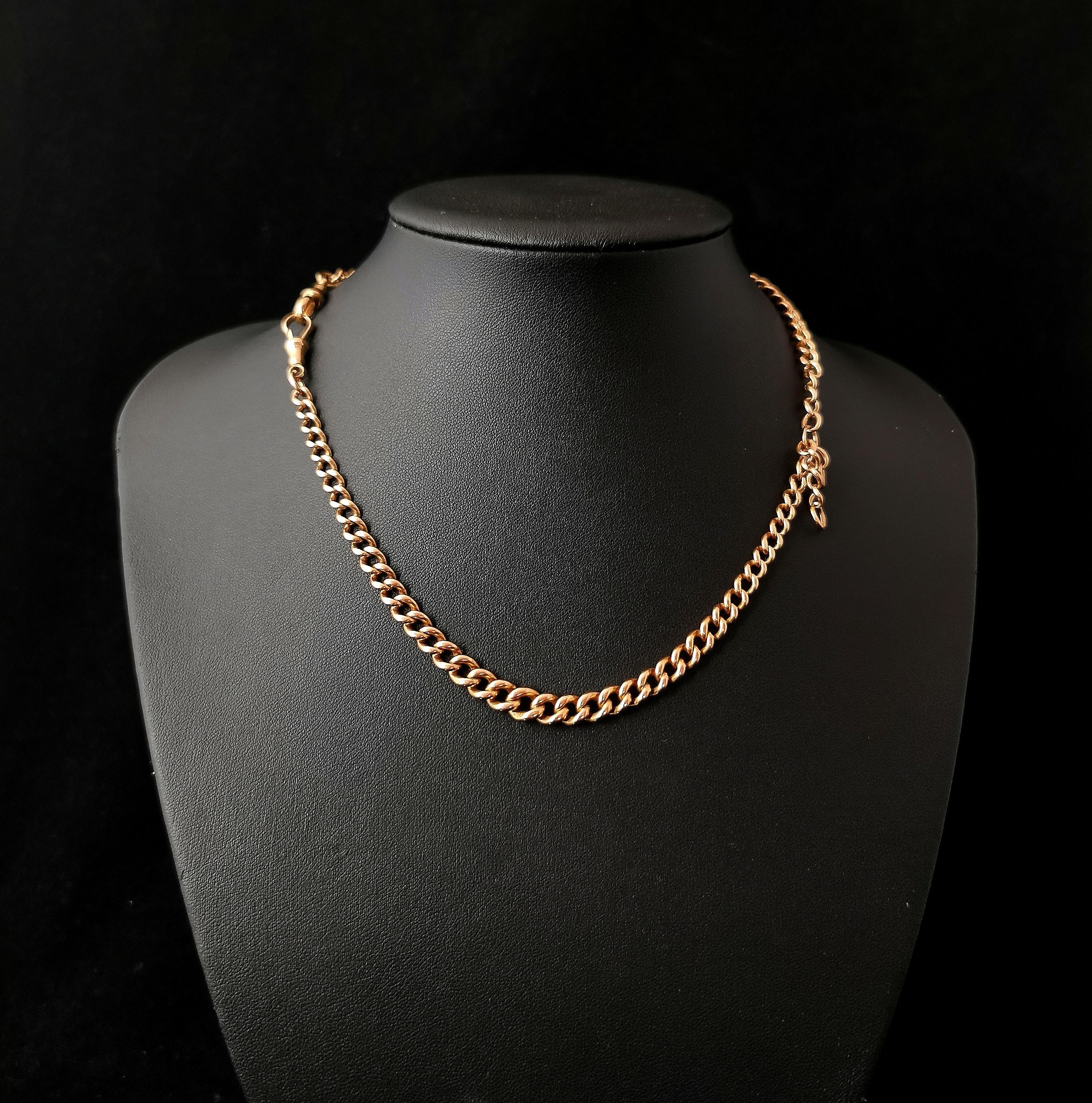 Antique 9kt Rose Gold Albert Chain, Watch Chain Necklace, Edwardian In Good Condition In NEWARK, GB
