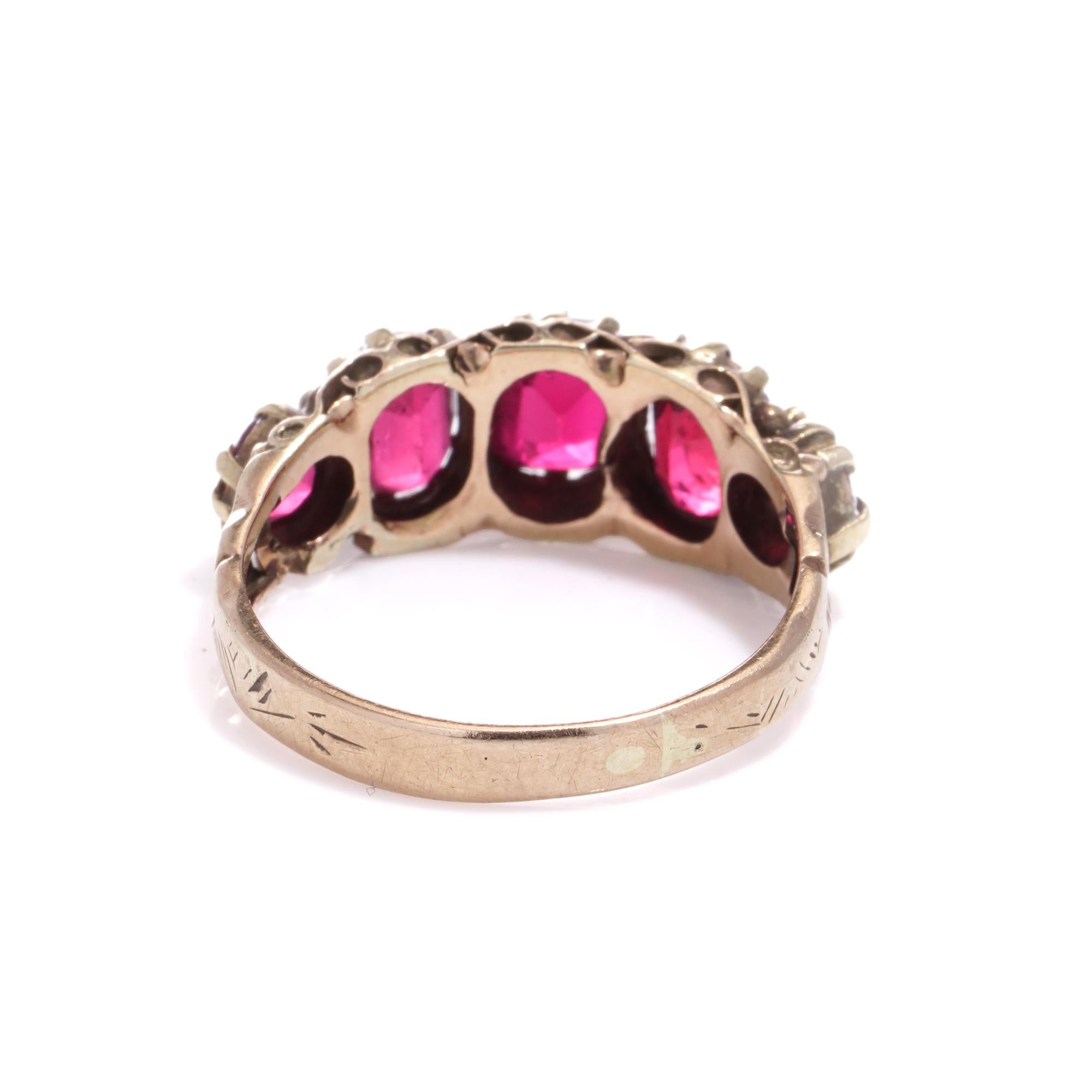 Women's or Men's Antique 9kt Rose Gold Five-Stone Red Spinel Ladies Ring For Sale