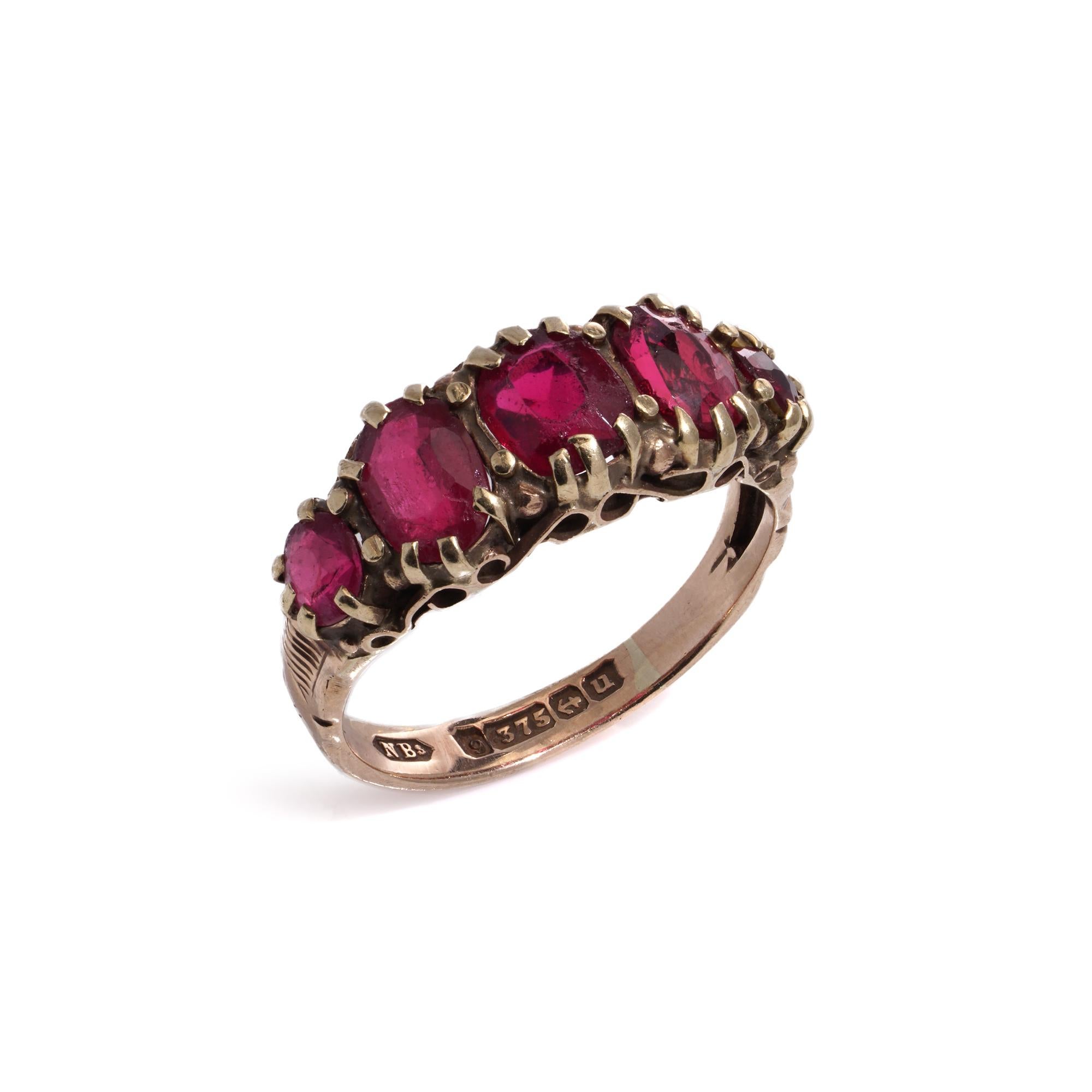 Antique 9kt Rose Gold Five-Stone Red Spinel Ladies Ring For Sale