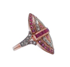 Antique 9kt Rose Gold & Silver Ring with Rubies & Diamonds, Italy 1960