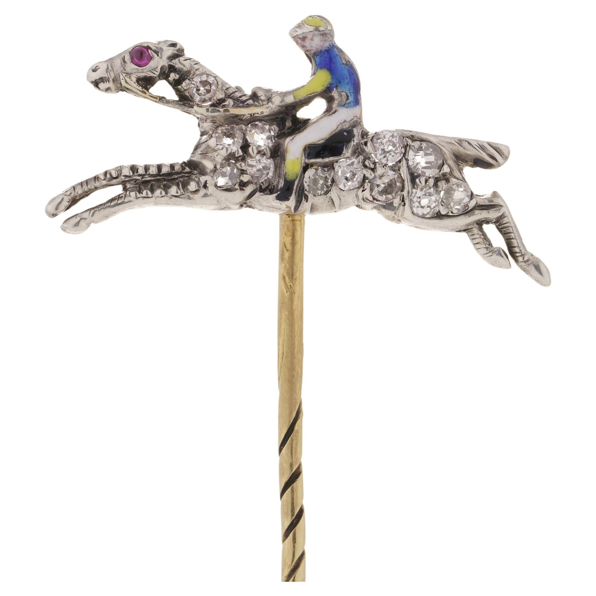 Antique 9 Karat Yellow Gold and Silver Horse Racing Jockey Pin