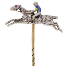 Antique 9 Karat Yellow Gold and Silver Horse Racing Jockey Pin