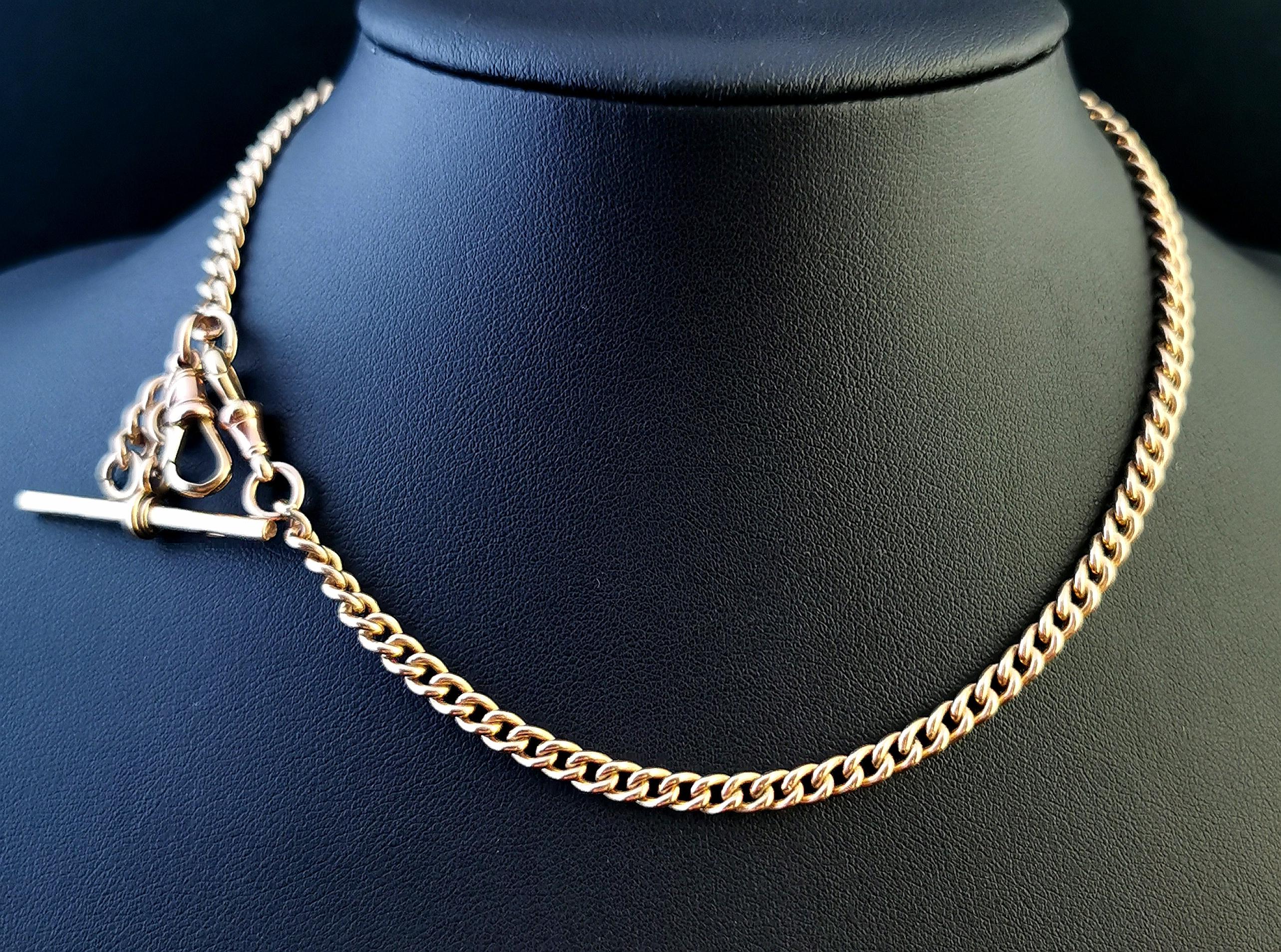 A gorgeous antique 9 karat yellow gold curb link watch chain or Albert chain, this is a longer length so could be used as a necklace.

It has slightly graduated rich yellow, solid gold links with a very slight rosey hue, it is always harder to find