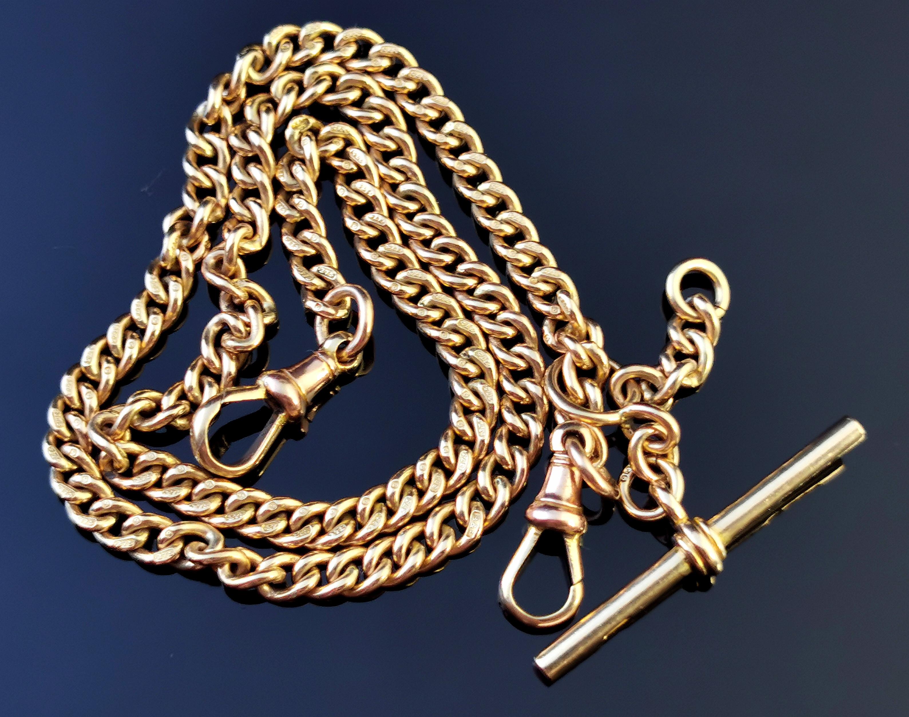 Antique 9kt Yellow Gold Double Albert Chain, Watch Chain, Curb Link 1