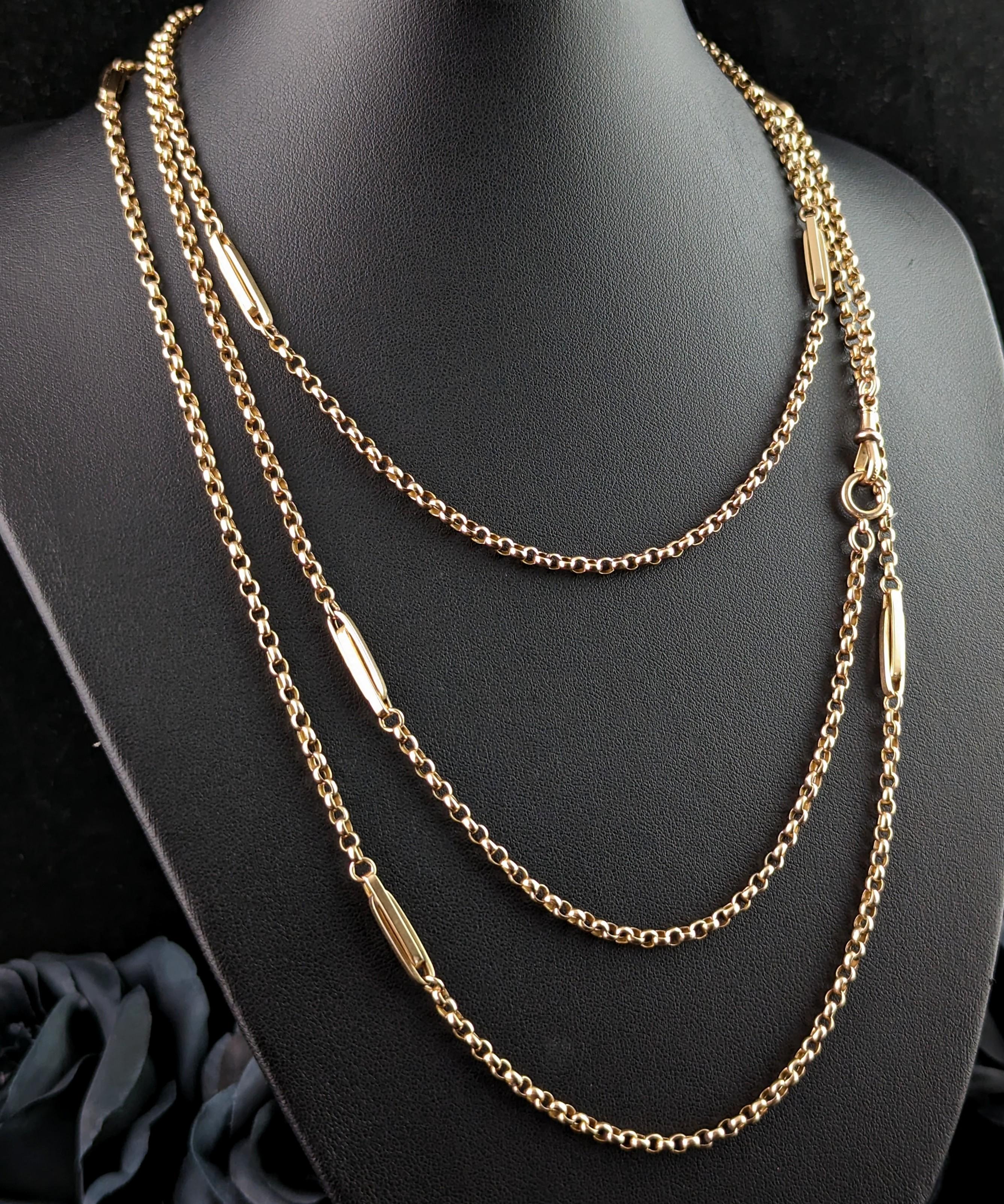 Antique 9 Kt Yellow Gold Fancy Link Long Chain Necklace, Guard Chain, Victorian  For Sale 4