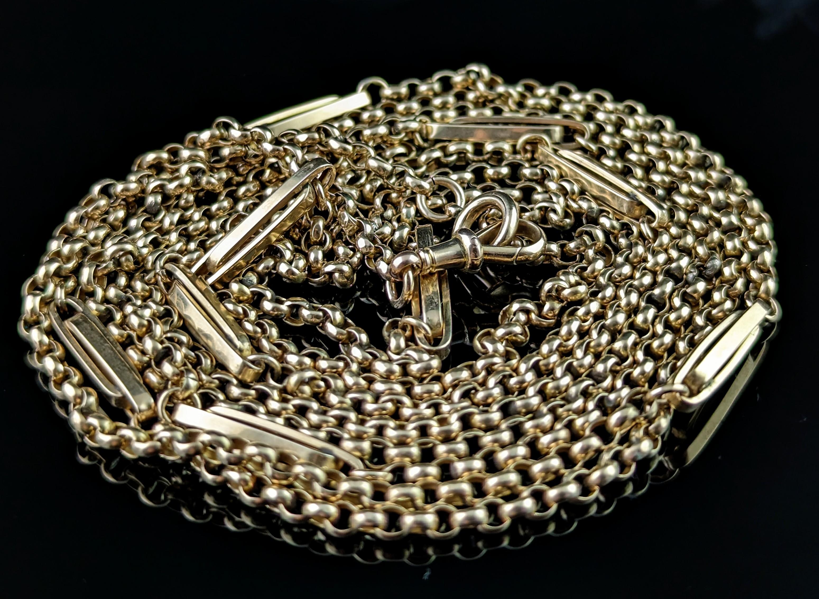Antike 9 Karat Gelbgold Ausgefallene lange Gliederkette Halskette, Guard Chain, viktorianisch  im Angebot 6